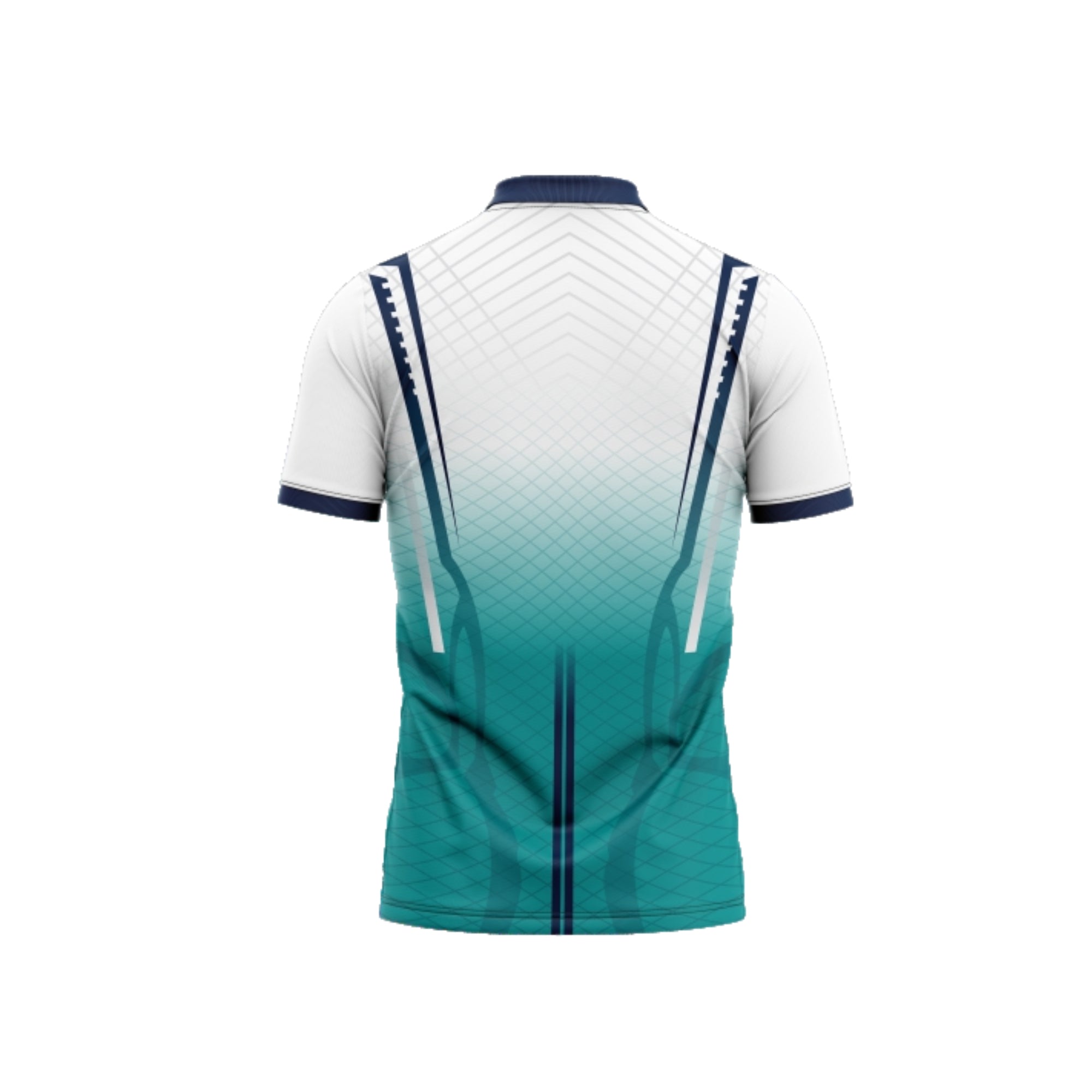 White and green sports jersey with geometric patterns on a white background