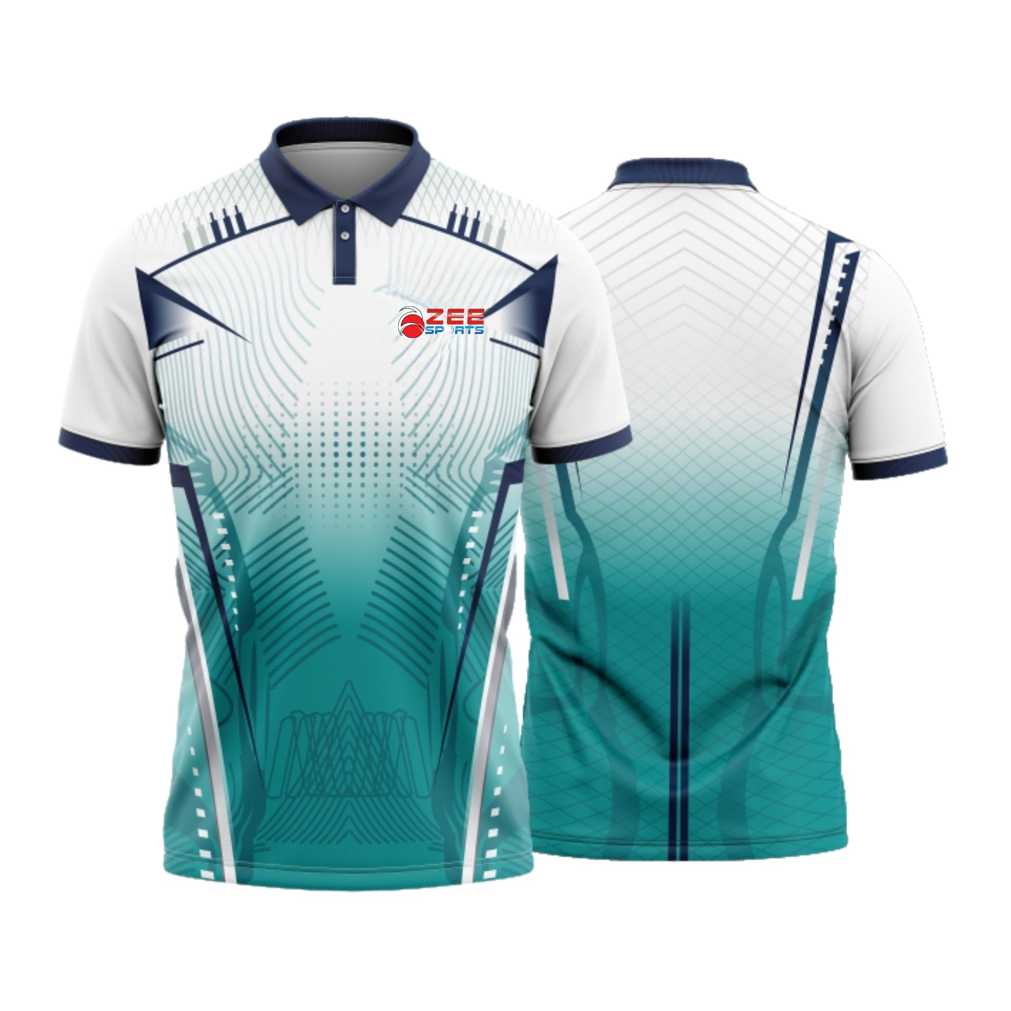 Teal and white sports jersey with geometric patterns on a white background