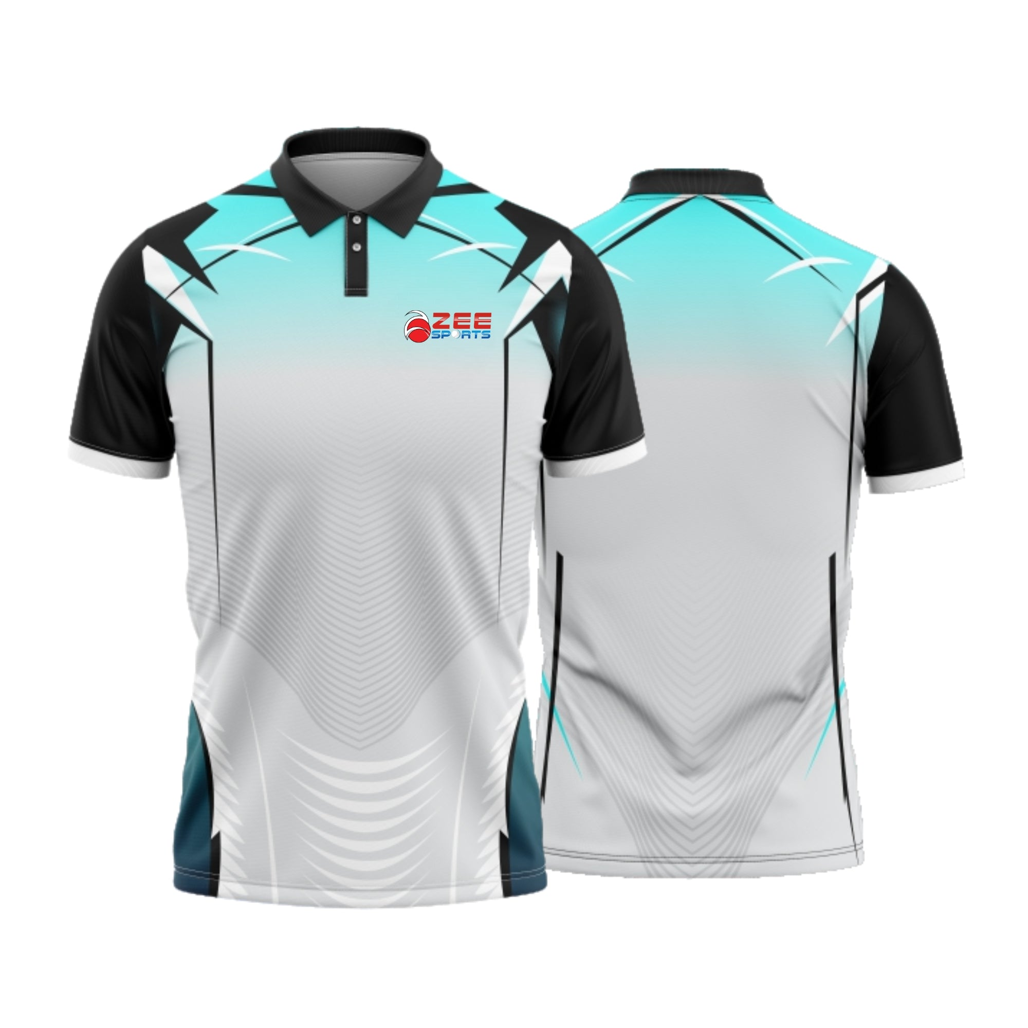 Black, white, and blue sports jersey with a zeesports brand logo on a white background