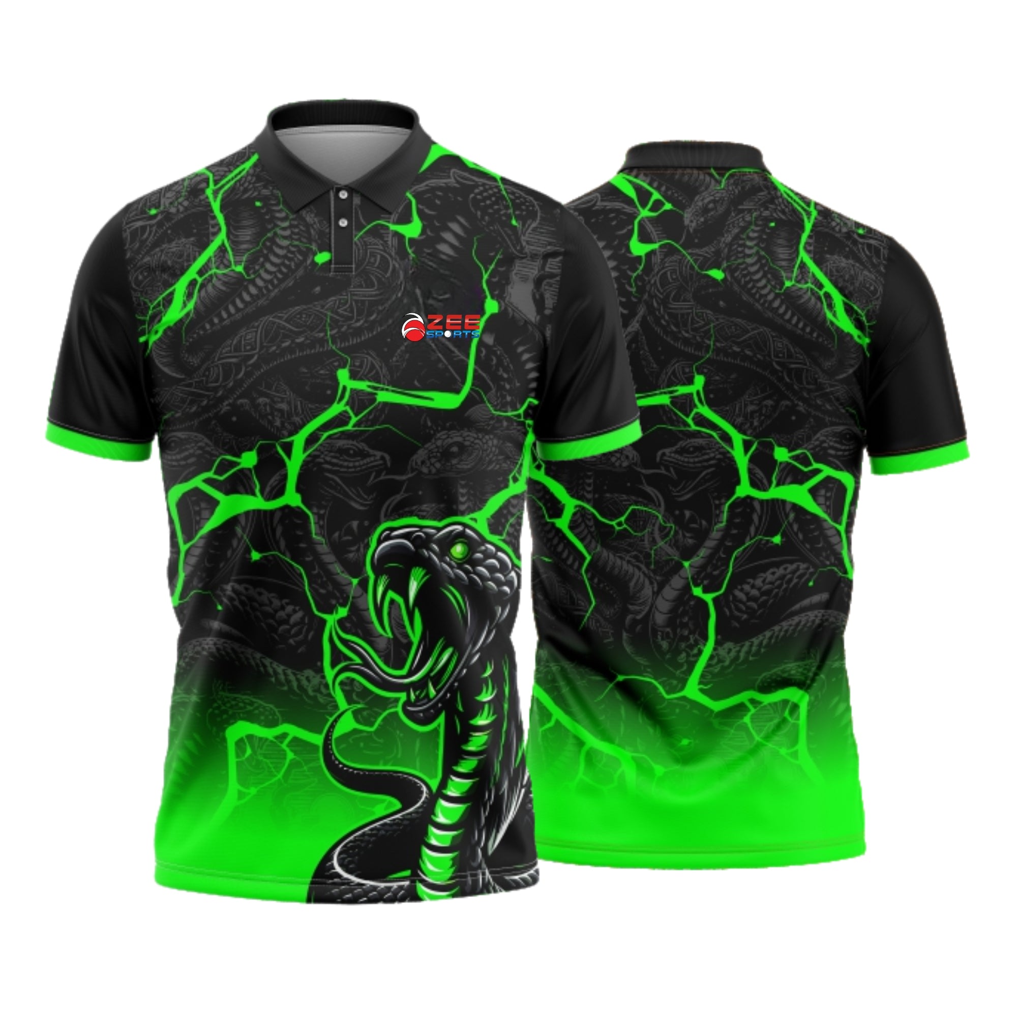 Black and green snake-themed shirt with a brand logo on a white background