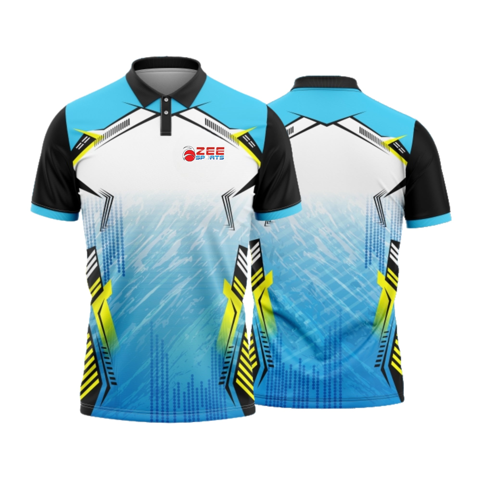 Blue and black sports jersey with geometric patterns on a white background