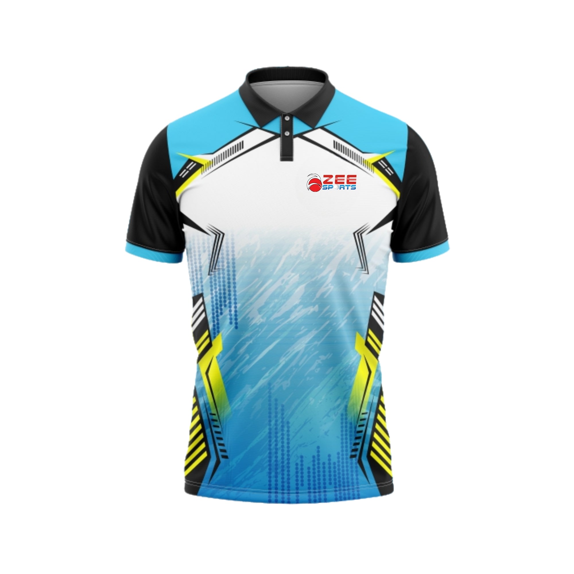 Colorful sports jersey with a zeesports brand logo on a white background
