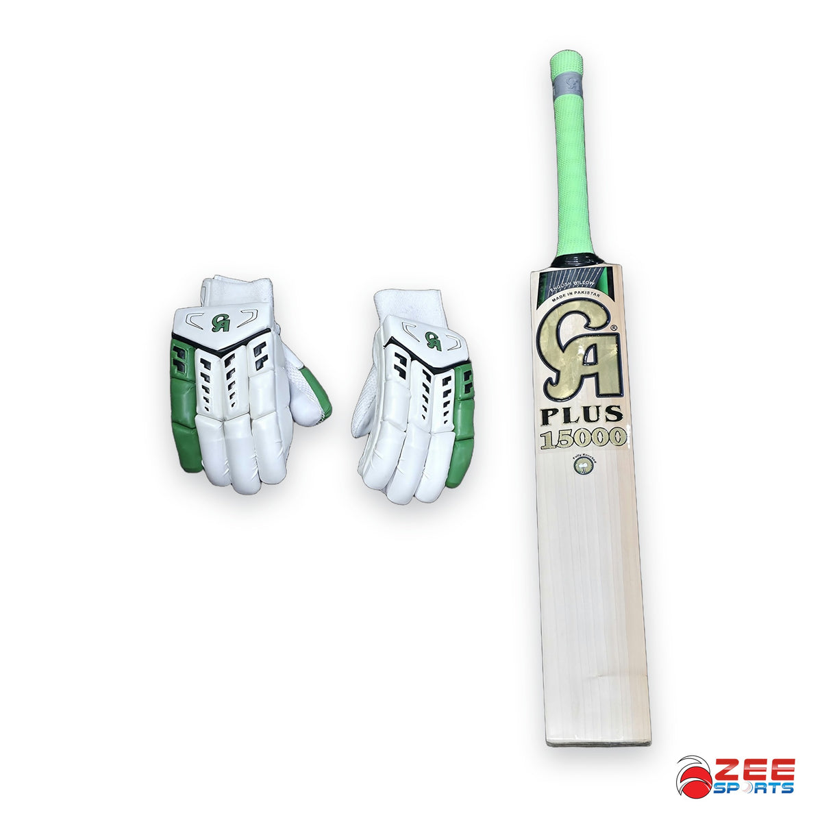 CA Plus 15000 English willow bat with CA Plus 15000 batting gloves