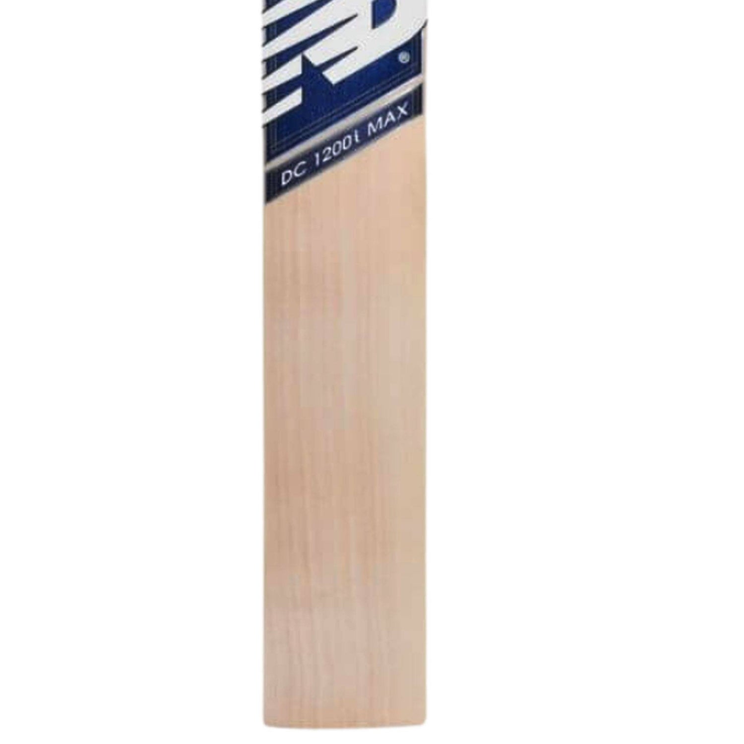 Wooden cricket bat with a brand label on a white background