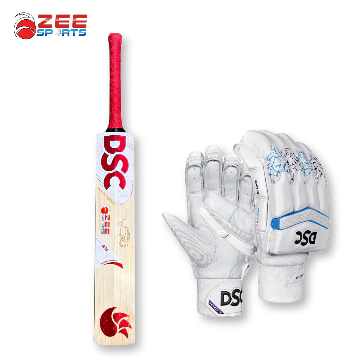 DSC Flip Rory Burns Player Edition English Willow bat front with DSC Blue3000 batting gloves bundle