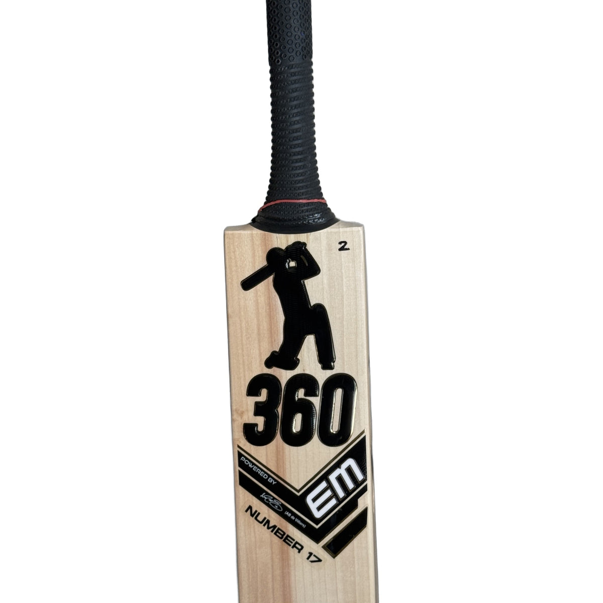 EM 360 Number 17 English willow cricket bat - top, grip and logo