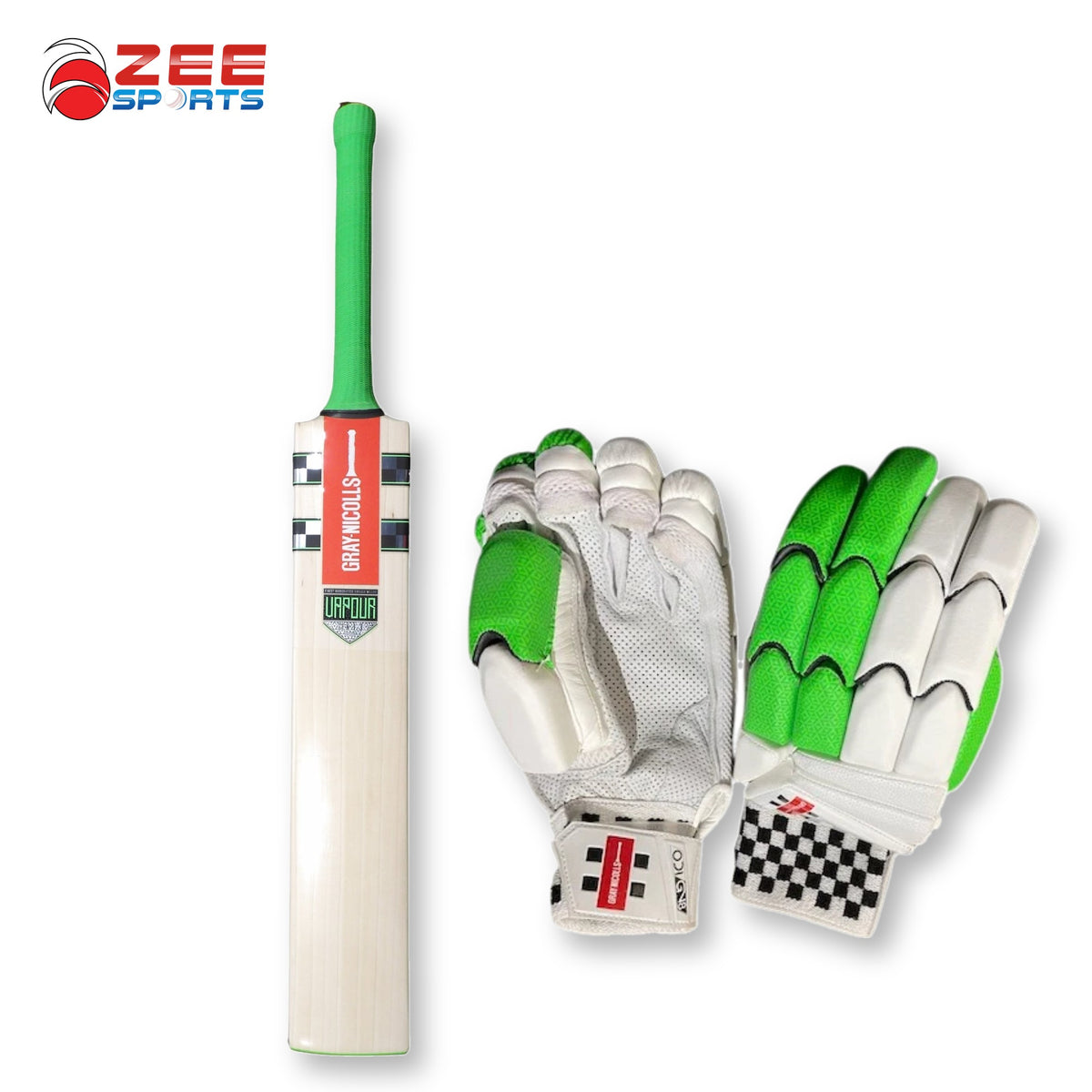Back of Gray Nicolls Vapour Babar Azam bat with GN8 ODI gloves, palm and back