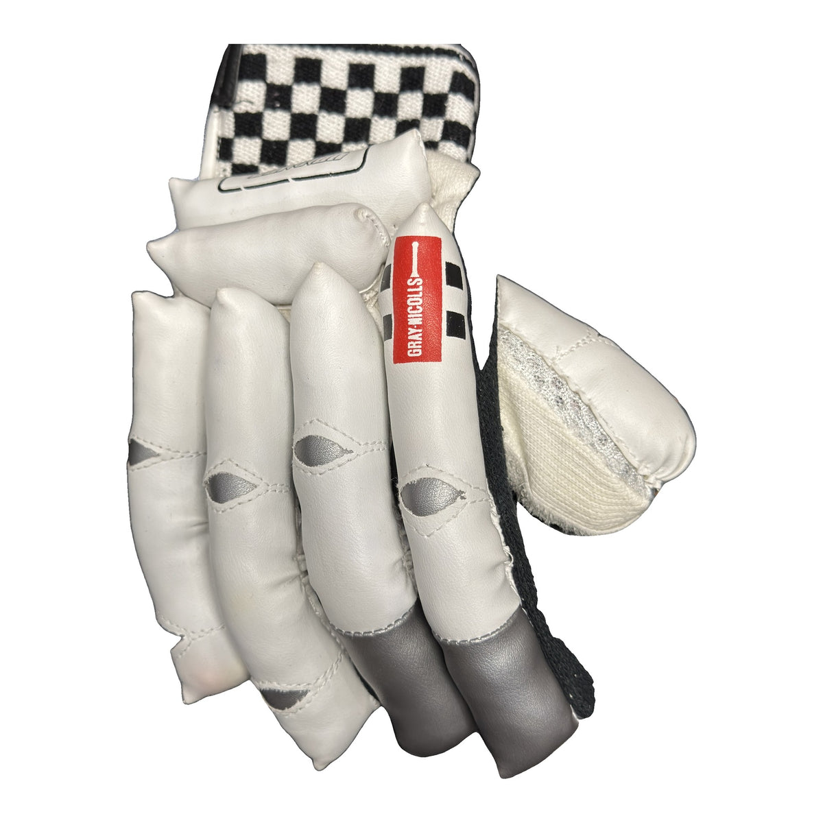 Gray-Nicolls Oblivion batting glove, back view with red Gray-Nicolls logo and grey finger tips