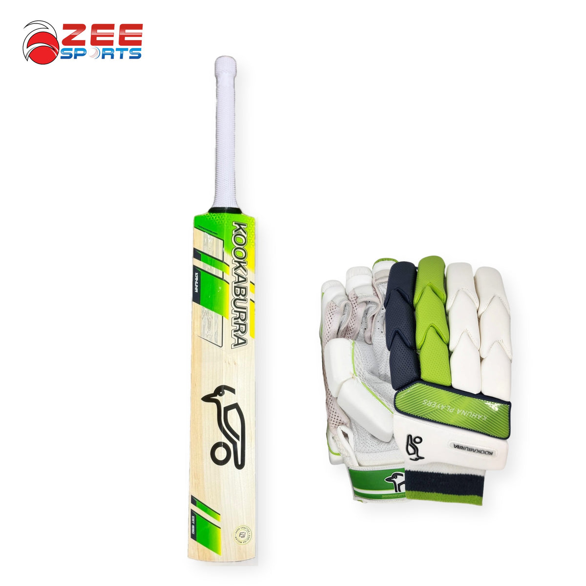 Kookaburra Kahuna Jos Buttler Players Replica bat and Kahuna Players Green-White batting gloves bundle, front view