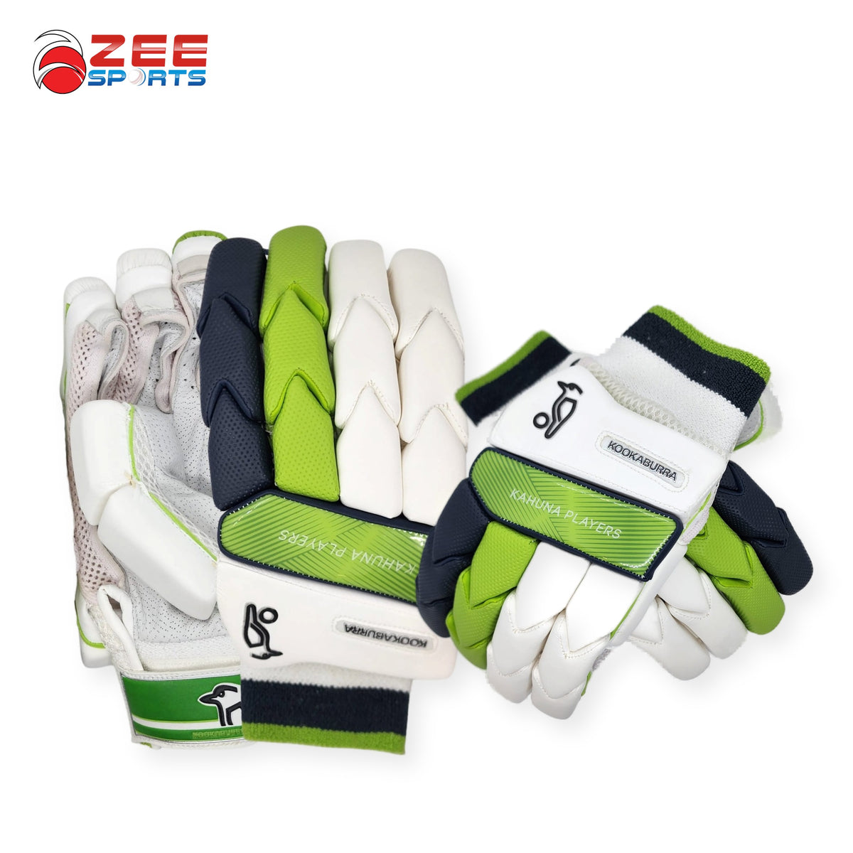Kookaburra Kahuna Players Green-White adult right-handed batting gloves close-up