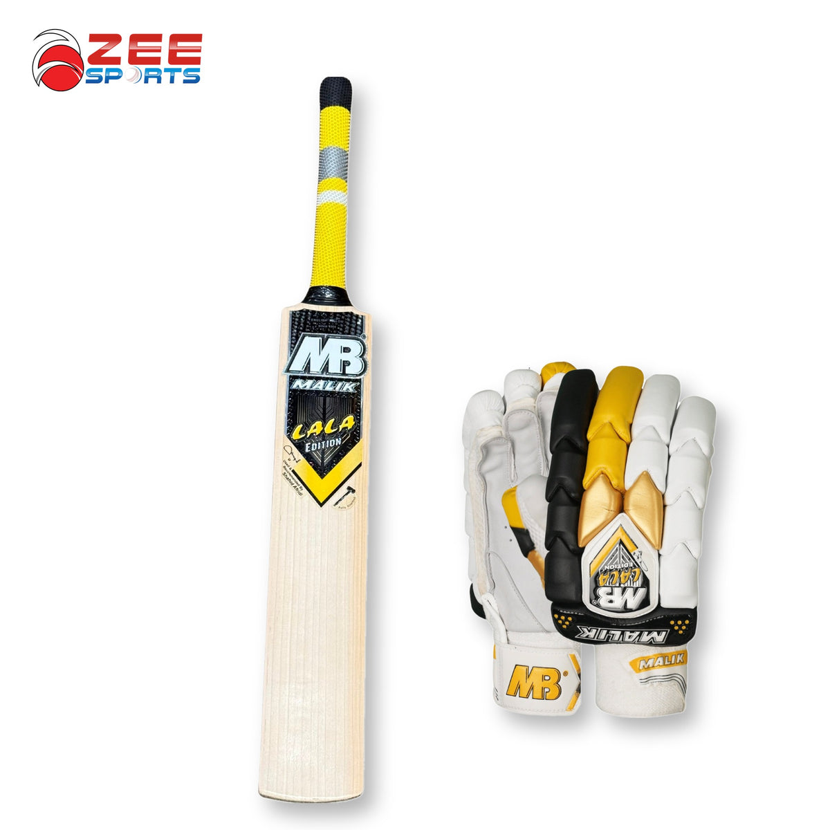 MB Malik Lala Edition English willow cricket bat and Lala Edition batting gloves bundle, front view