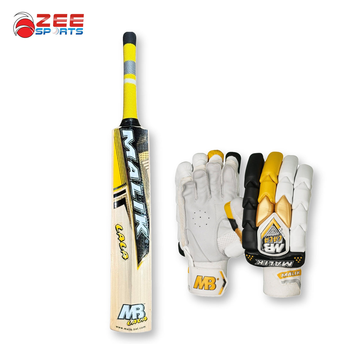 MB Malik Lala Edition bat back view with Lala Edition batting gloves