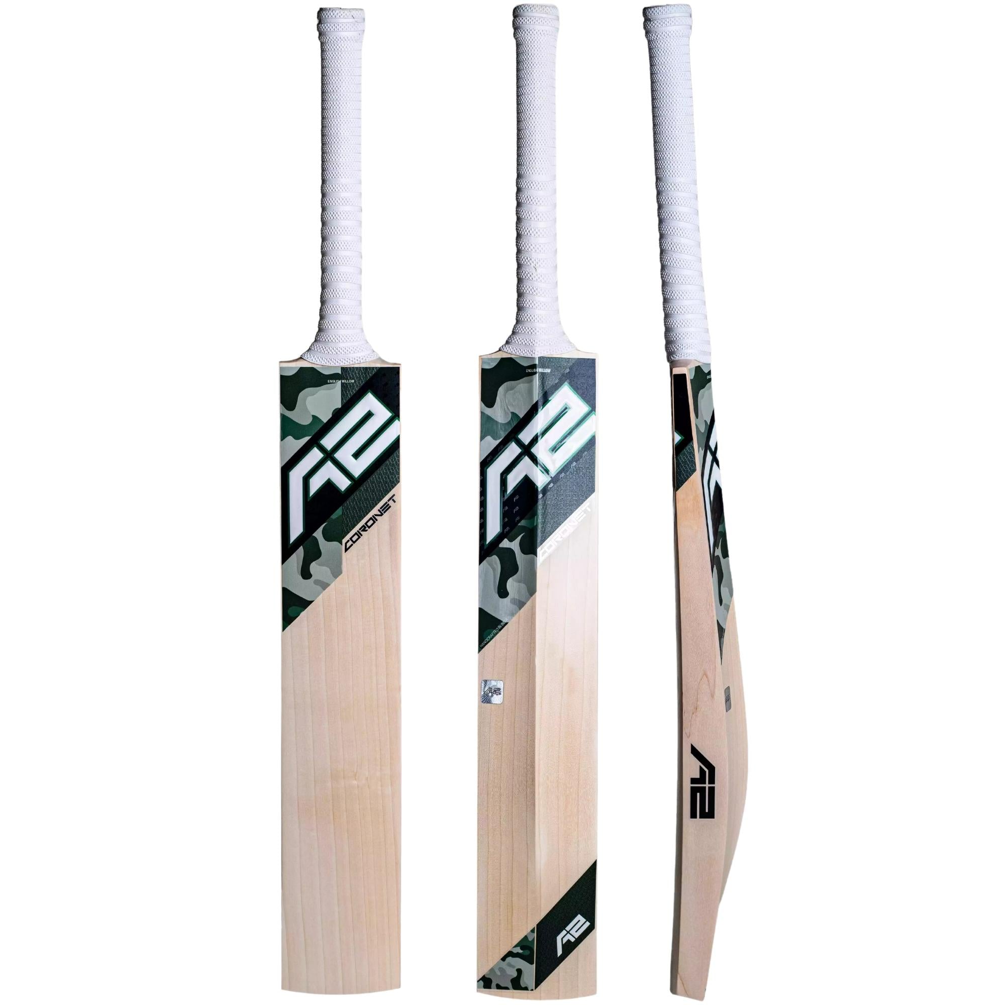 Comprehensive views of the A2 Coronet Grade-1 English Willow cricket bat, featuring its semi-flat face, high spine, thick edges, duck-bill profile, and camo-inspired modern design, perfect for professional cricketers seeking power and control.