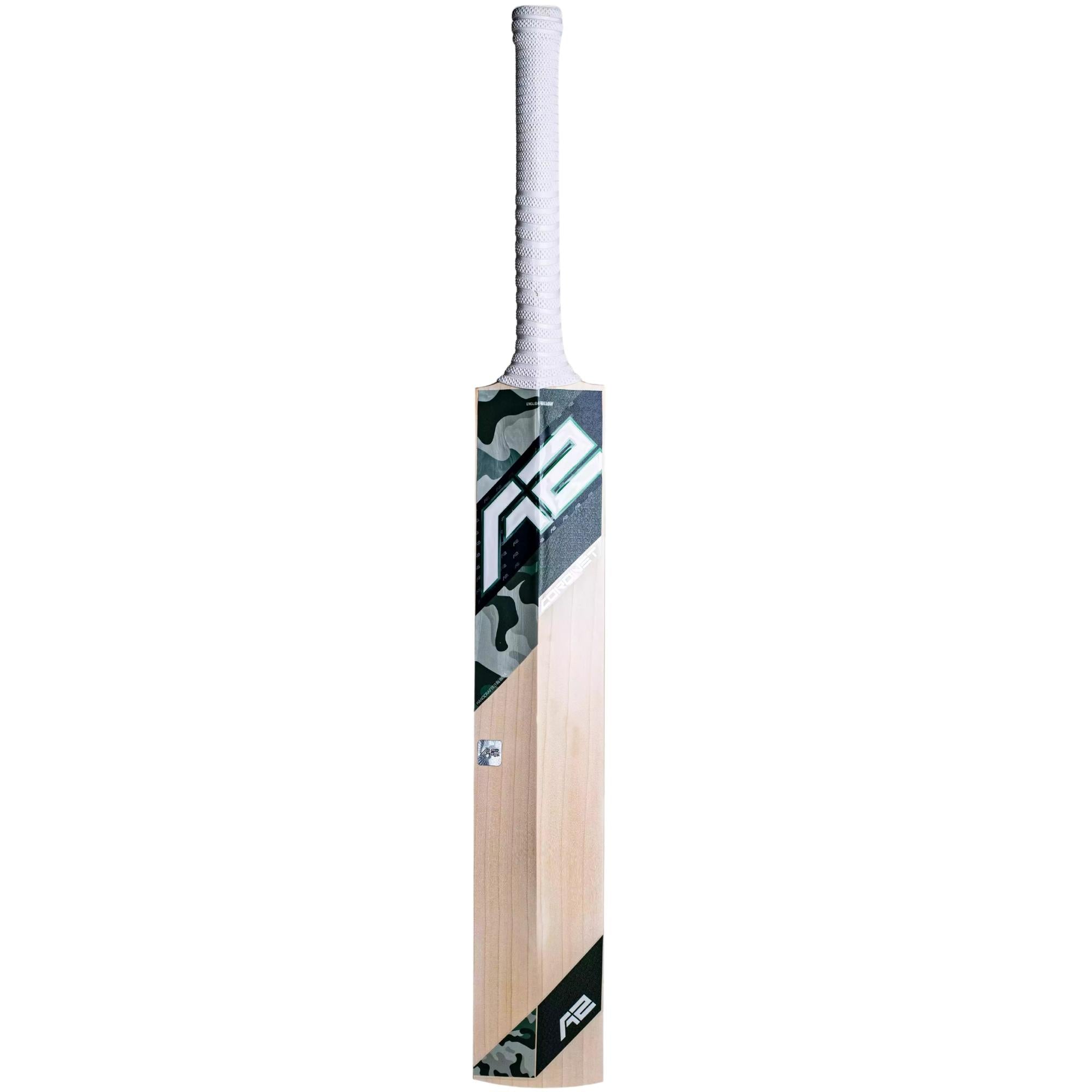 Front view of the A2 Coronet Grade-1 English Willow cricket bat, showcasing its semi-flat face, enhanced sweet spot, and modern camo-inspired sticker design for high performance.
