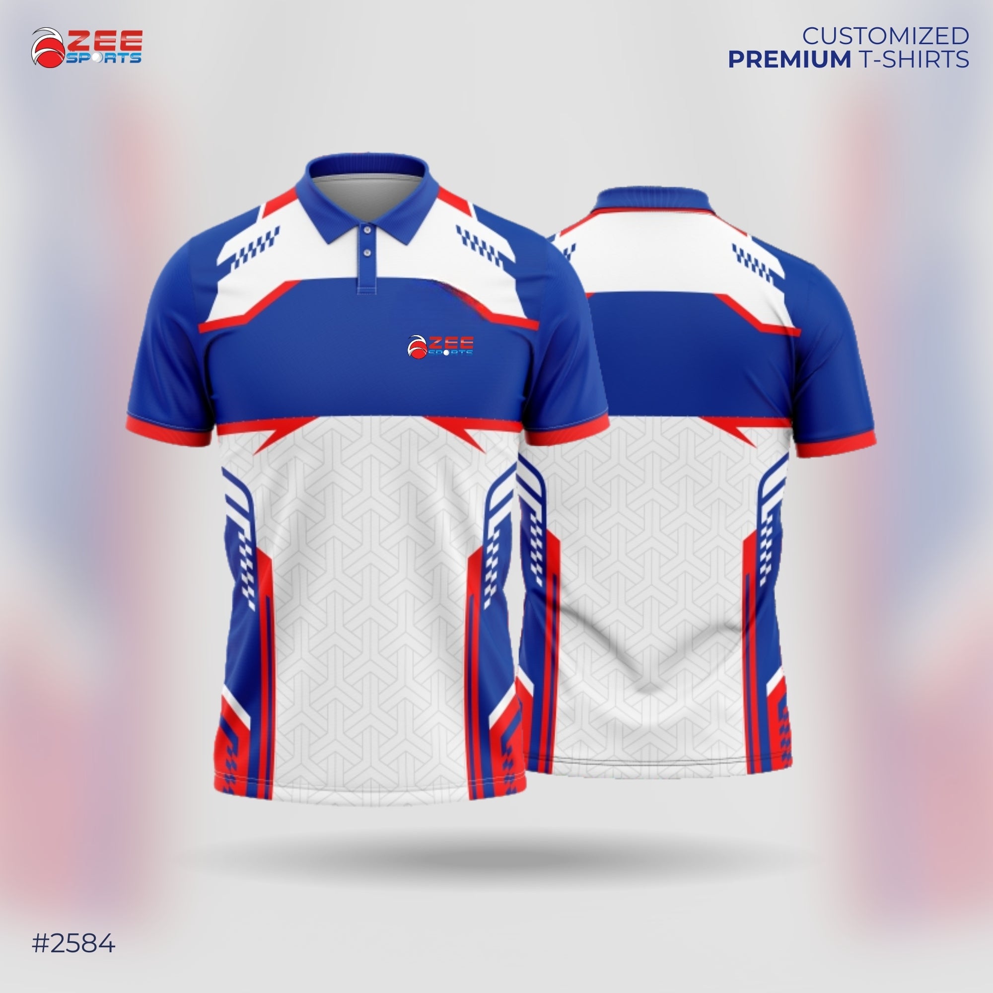 White polo shirt with blue and red accents, featuring ZEE Sports logo, on a gradient background.