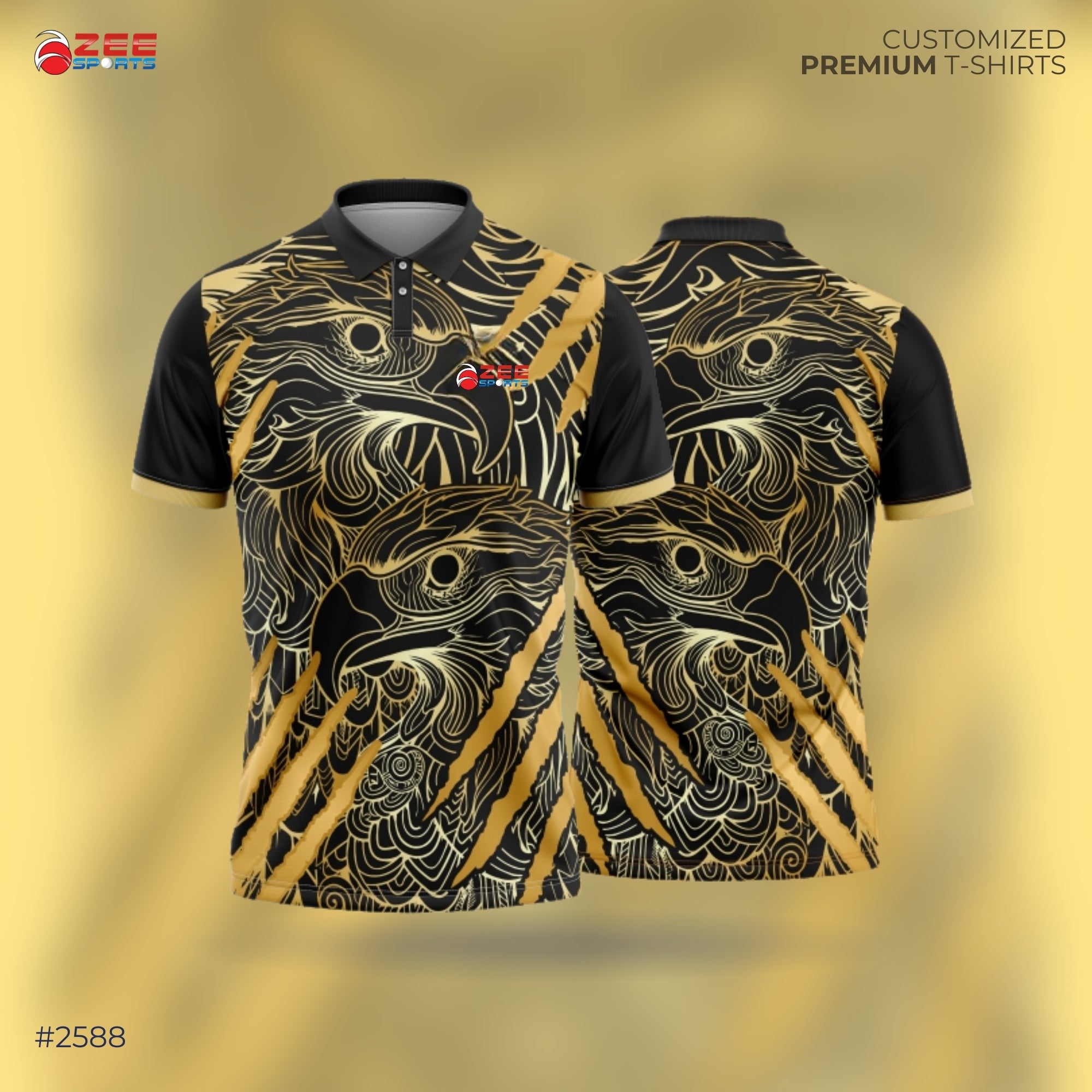 Black and gold patterned t-shirt with 'Zee Sports' logo on a yellow gradient background