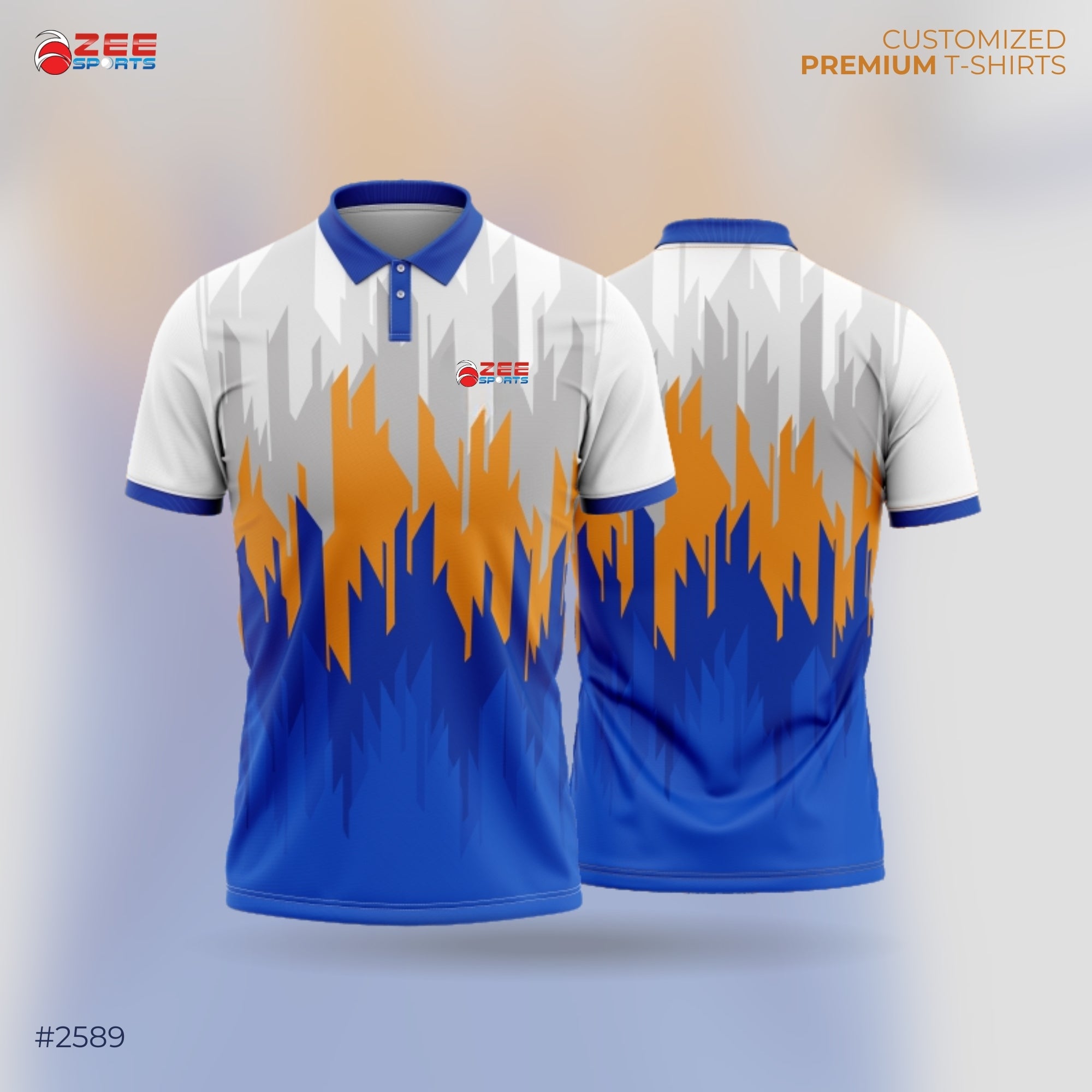 White t-shirt with blue and orange flame design on a gradient background