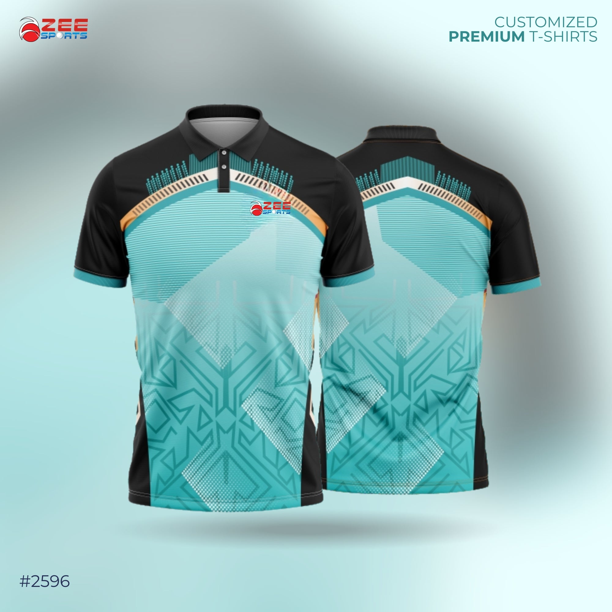 Teal and black sports jersey with geometric patterns on a gradient background with zeesports logo