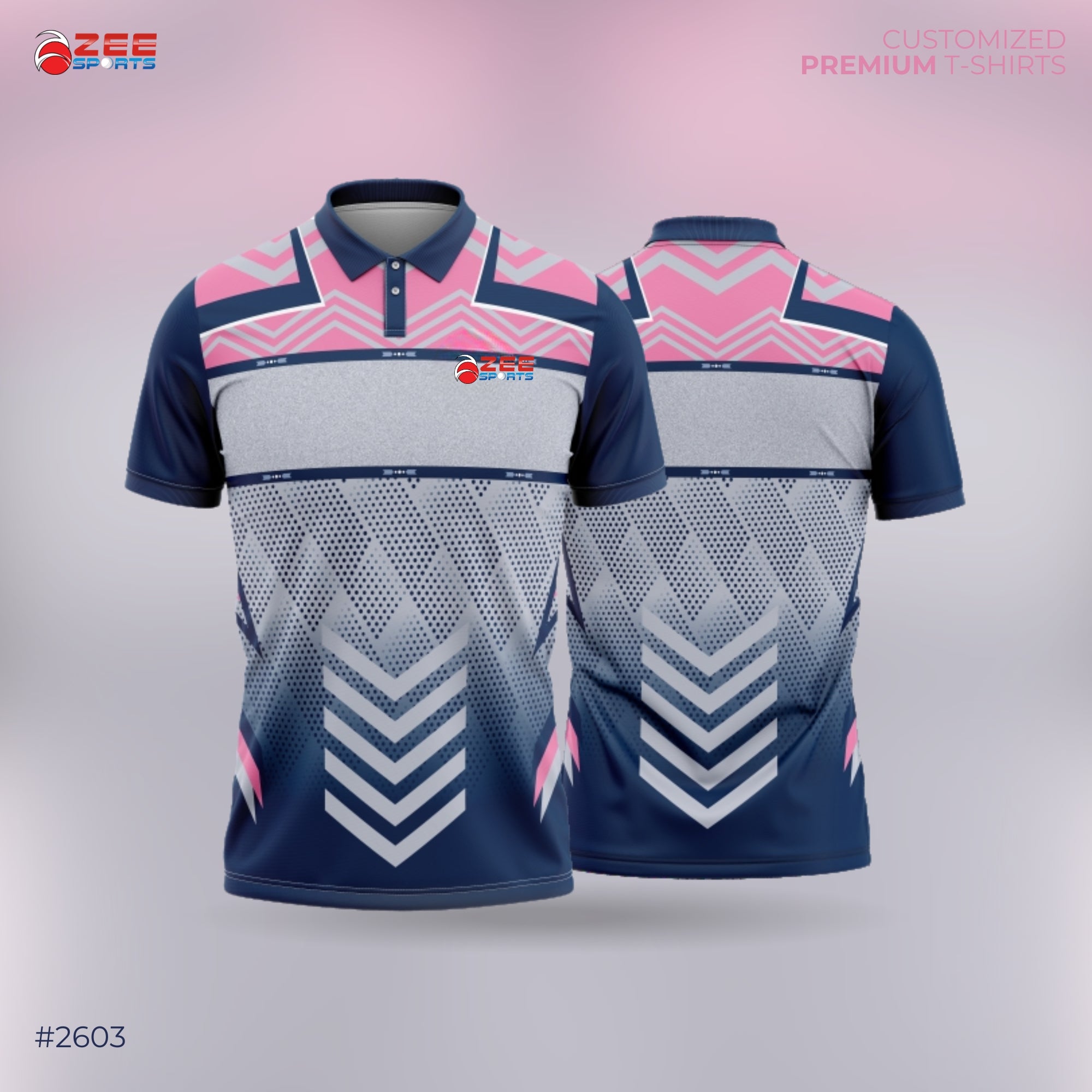 Navy and pink sports jersey with geometric patterns featured with zeesports logo on a gradient background