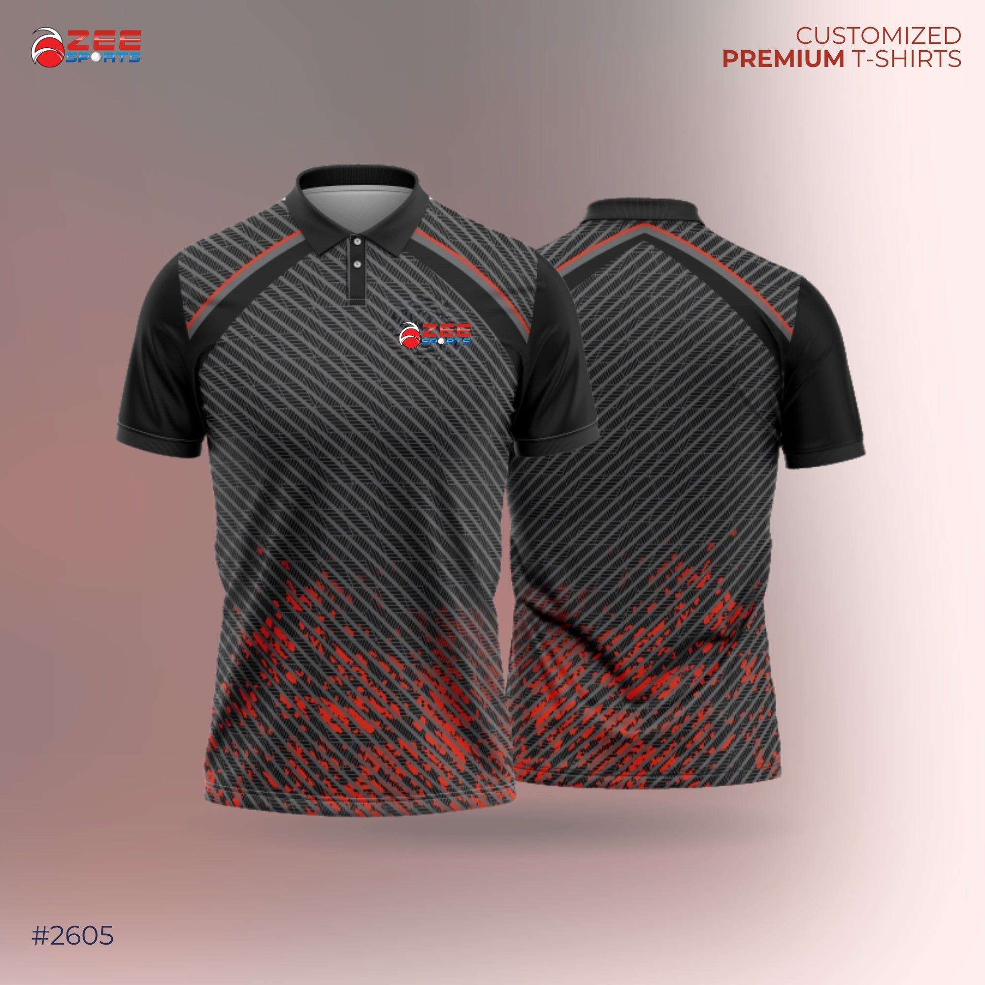 Black and red patterned t-shirt with zeesports logo on a gradient background