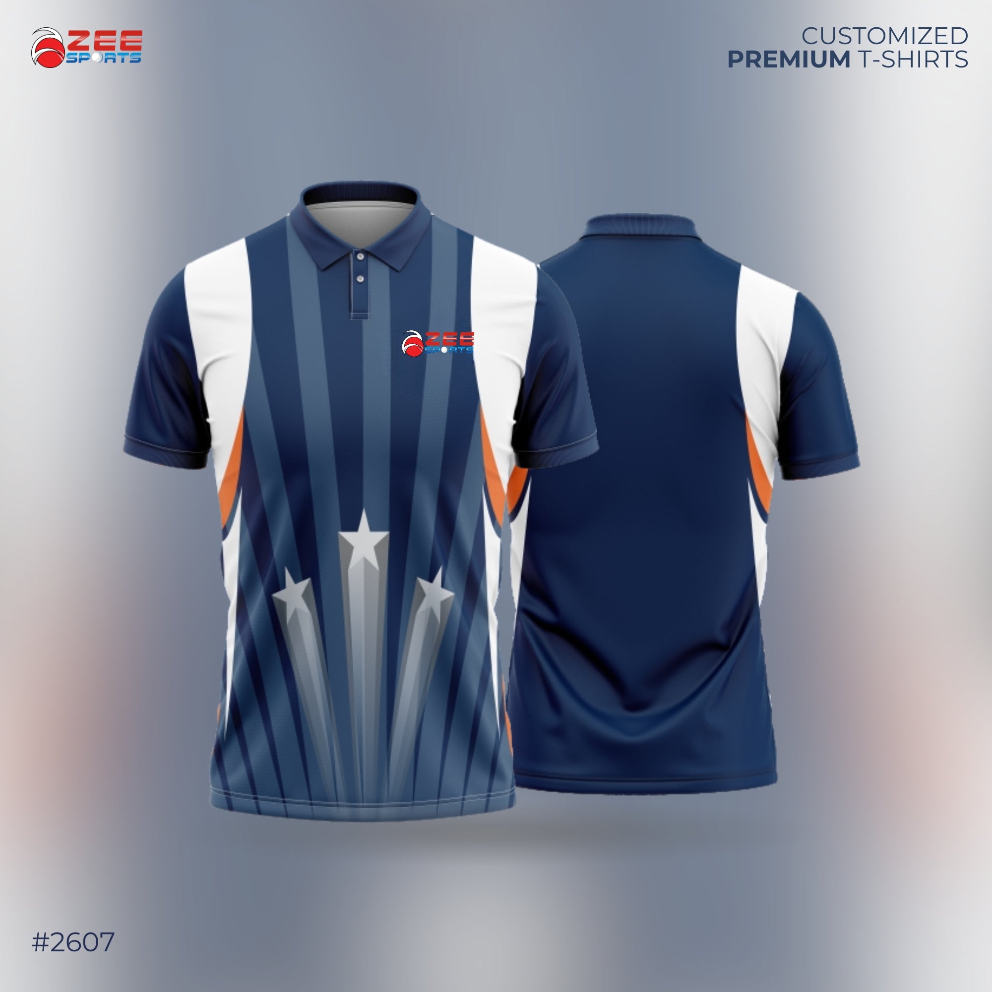 Navy blue and white polo shirt with zeesports logo and star design on a gray background