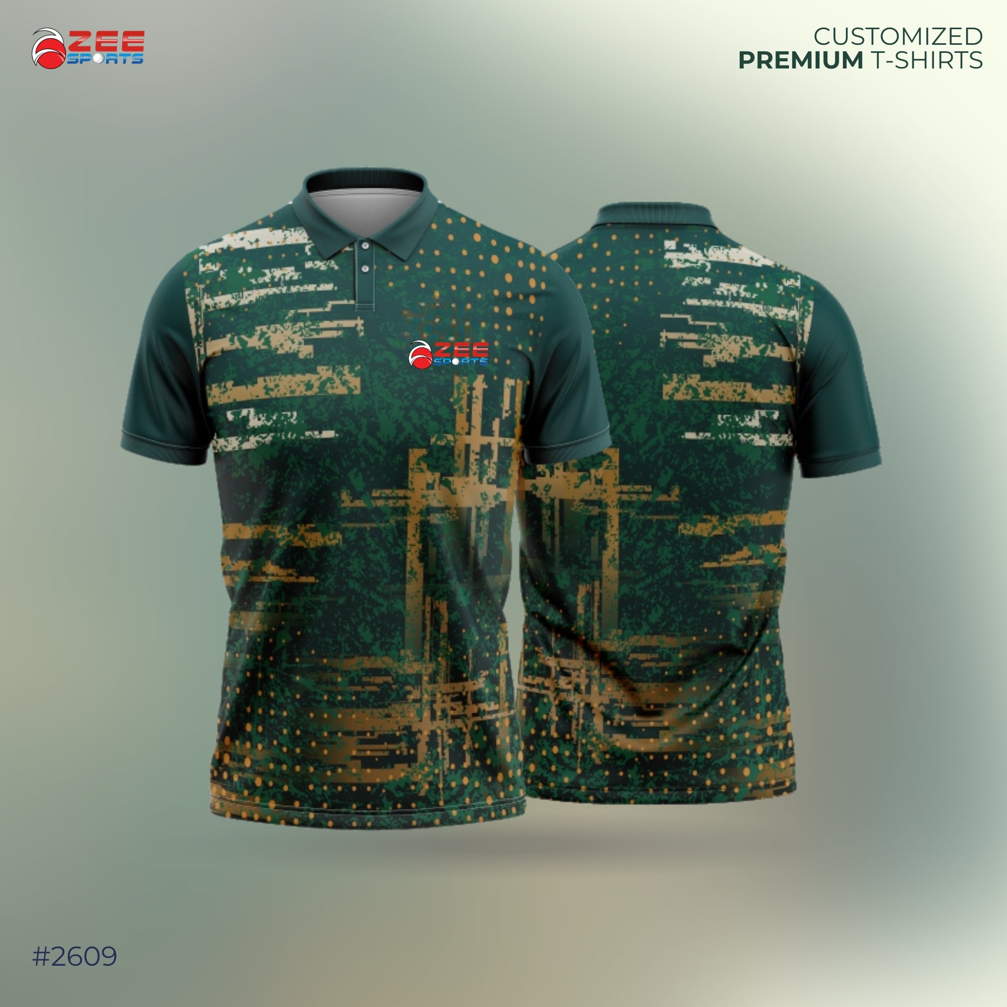 Green and brown patterned t-shirt with Zee Sports logo on a gray background
