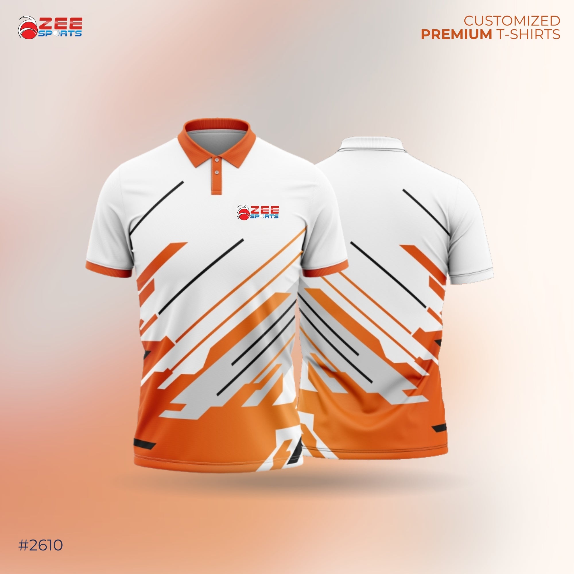 Orange and white t-shirt with geometric design on a gradient background, featuring ZEE Sports logo.