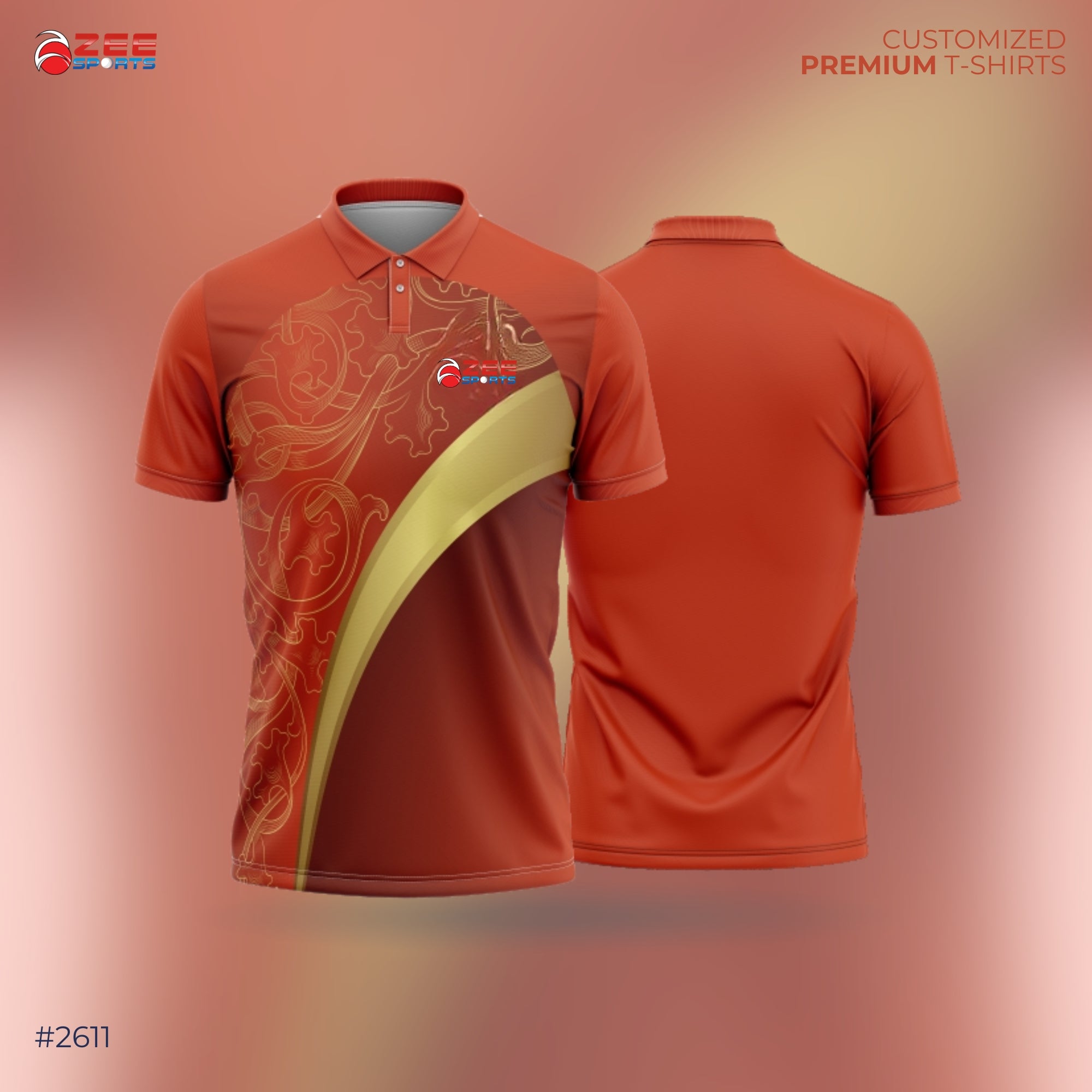 Orange polo shirt with a golden design featured with zeesports logo on a gradient background