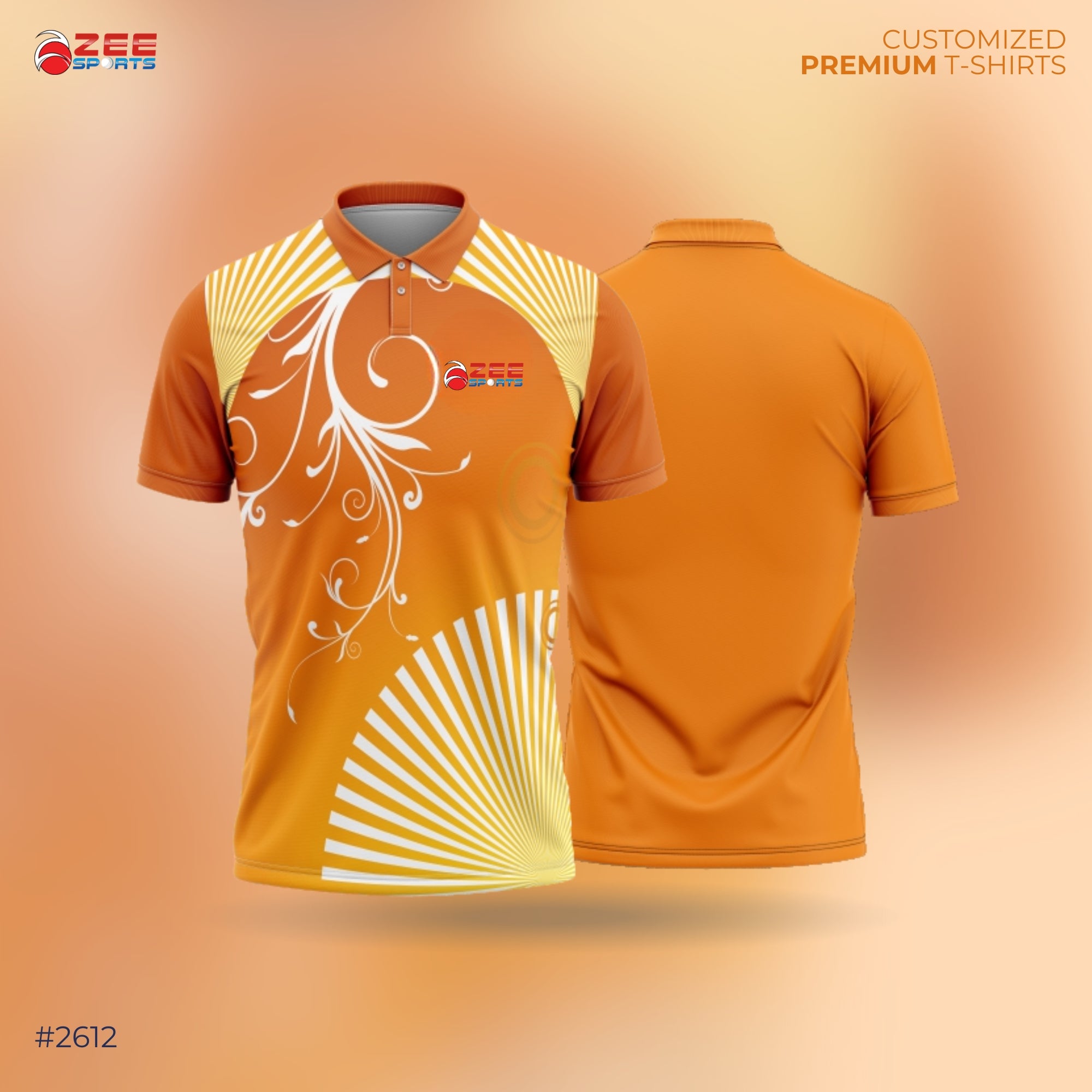 Orange t-shirt with white floral design  featured with zeesports logo on a gradient background