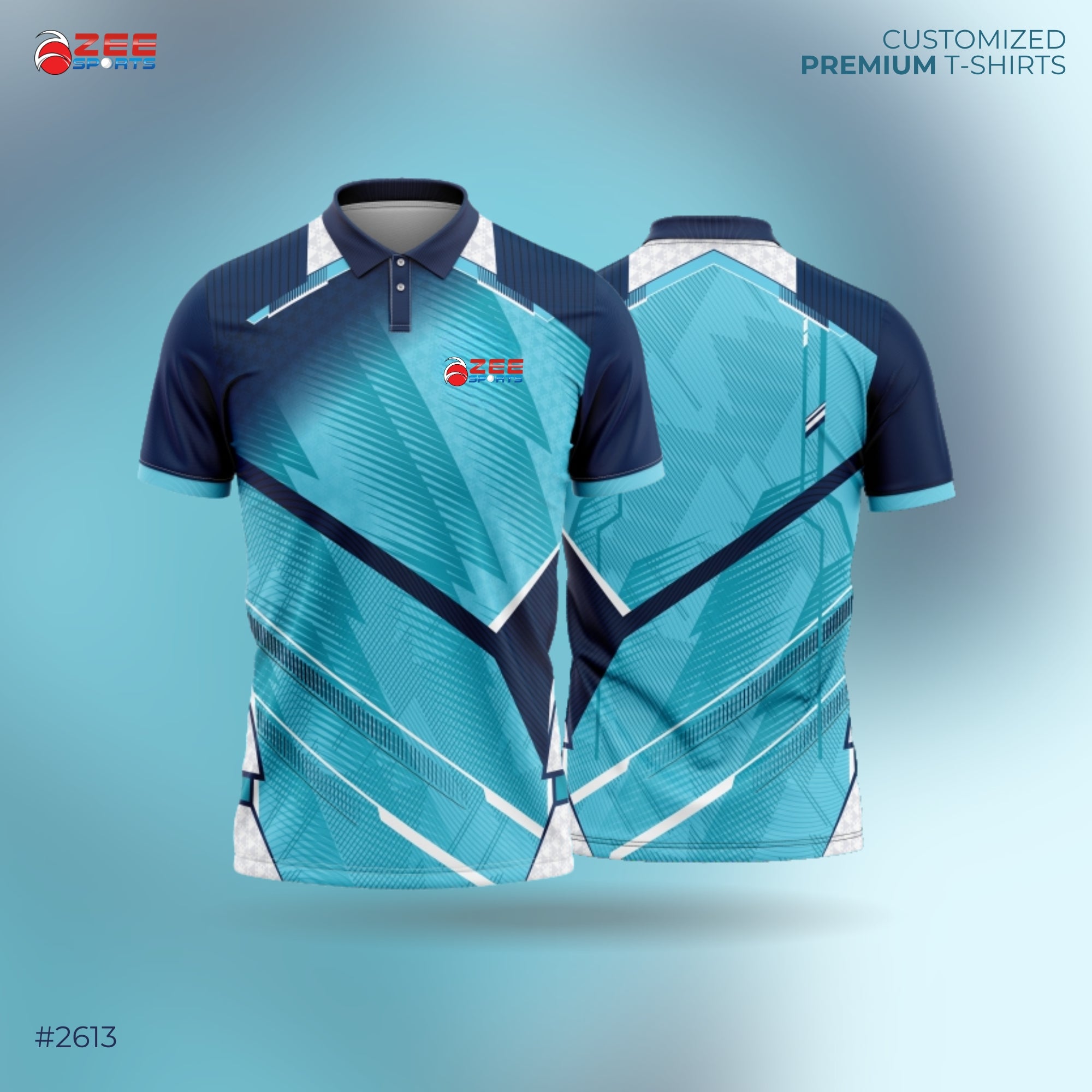 Blue and navy sports jersey with geometric pattern featured with zeesports logo on a gradient background