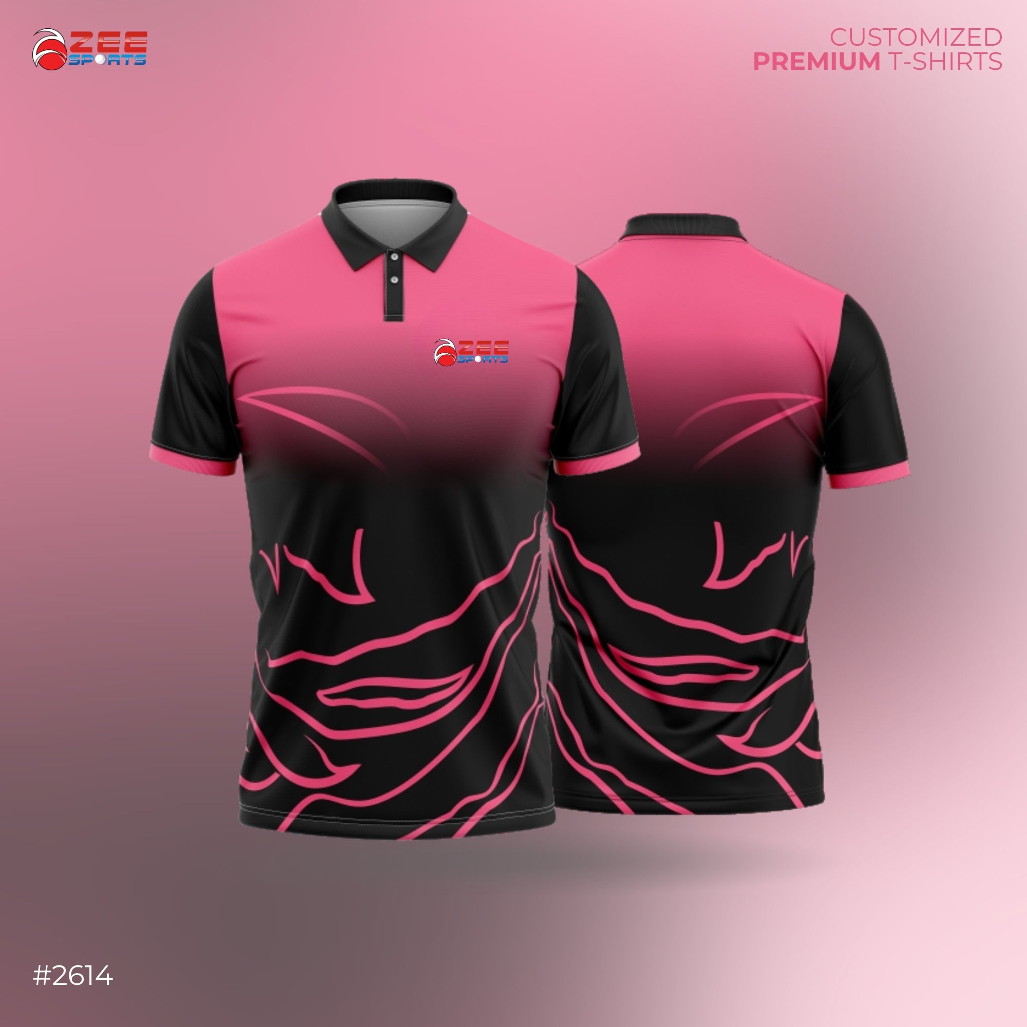 Pink and black t-shirt with a zeesports logo on a pink gradient background