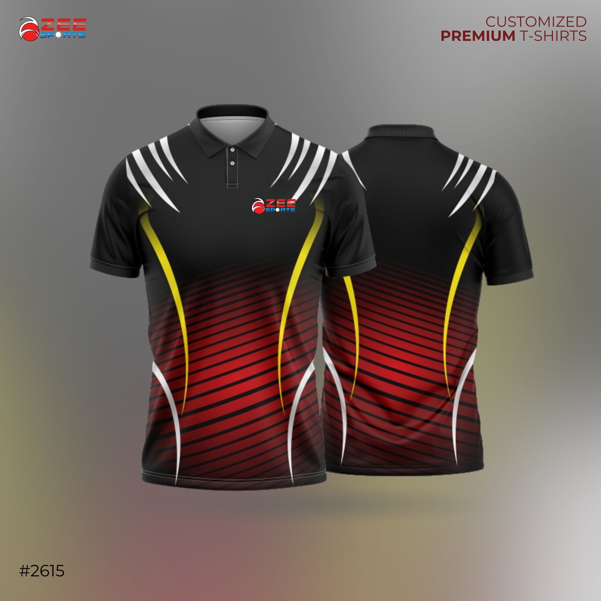 Black and red striped t-shirt with a zeesports logo on a gradient background