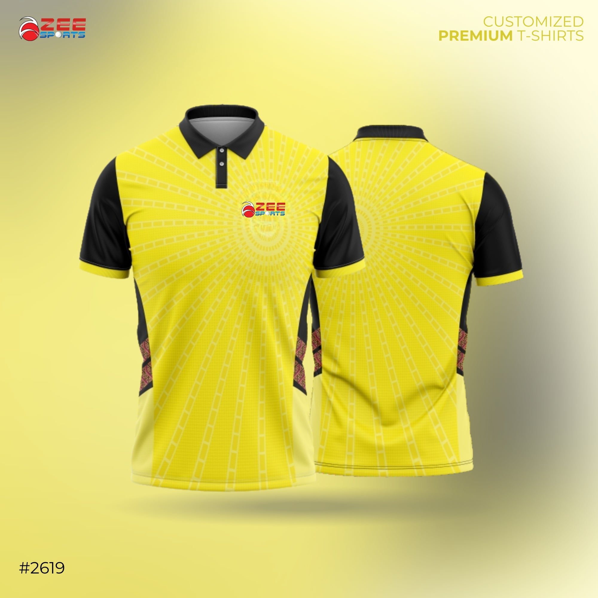 Yellow and black polo shirt with Zee Sports logo on a yellow background