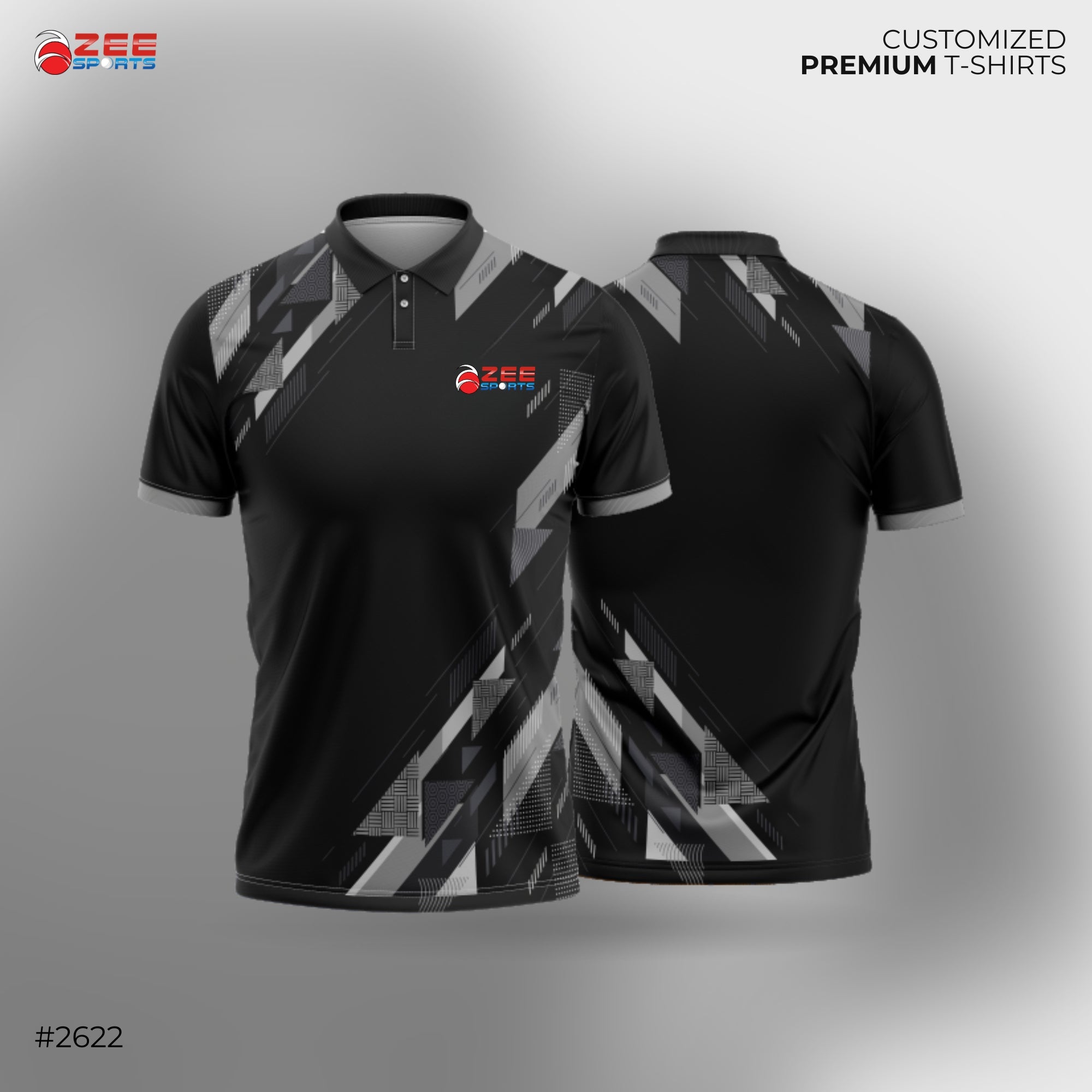 Black t-shirt with geometric patterns and Zee Sports logo on a gray background