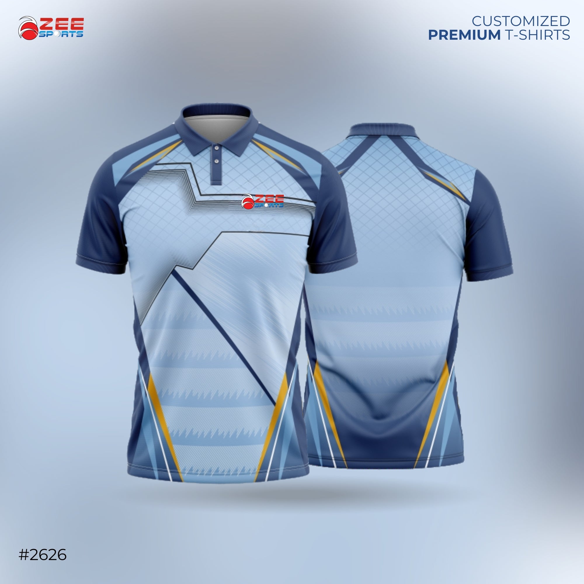 Blue and gray sports jersey with geometric patterns on a light gray background, featuring Zee Sports logo.