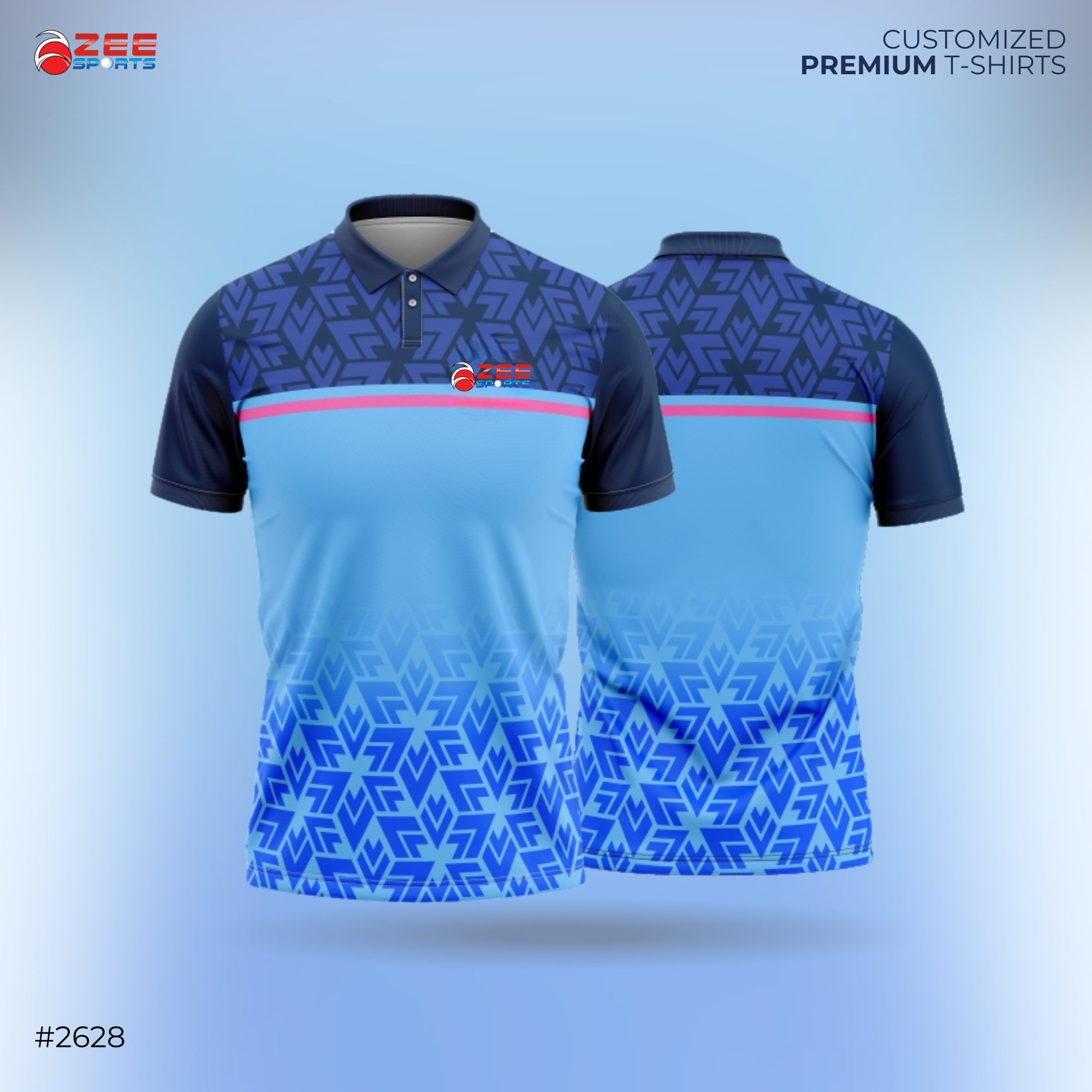 Blue and black t-shirt with geometric pattern, ZEE Sports logo, on a light blue gradient background.