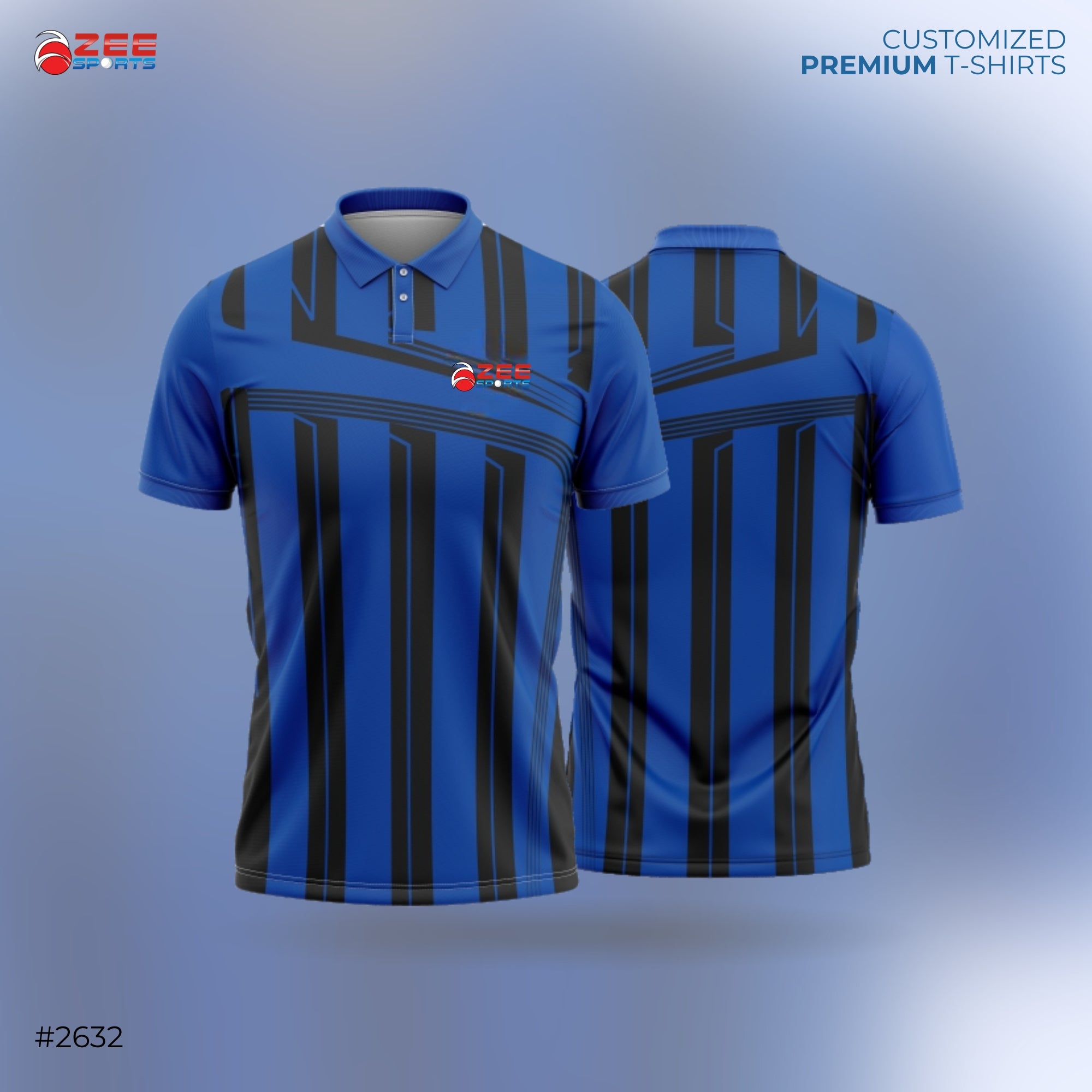 Blue and black striped polo shirt with a zeesports brand logo on a gradient background