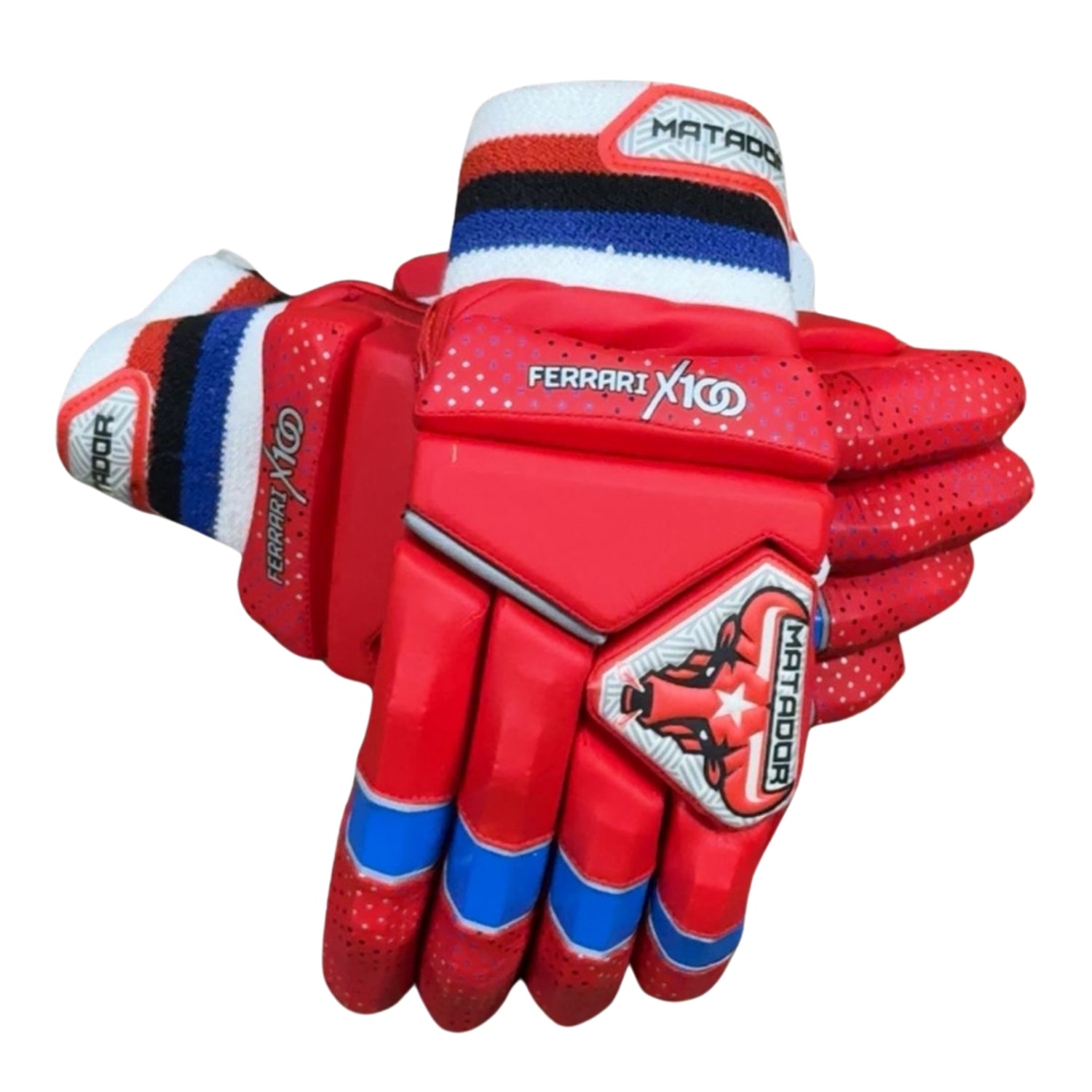 Red and blue gloves with Ferrari X10 branding on a white background