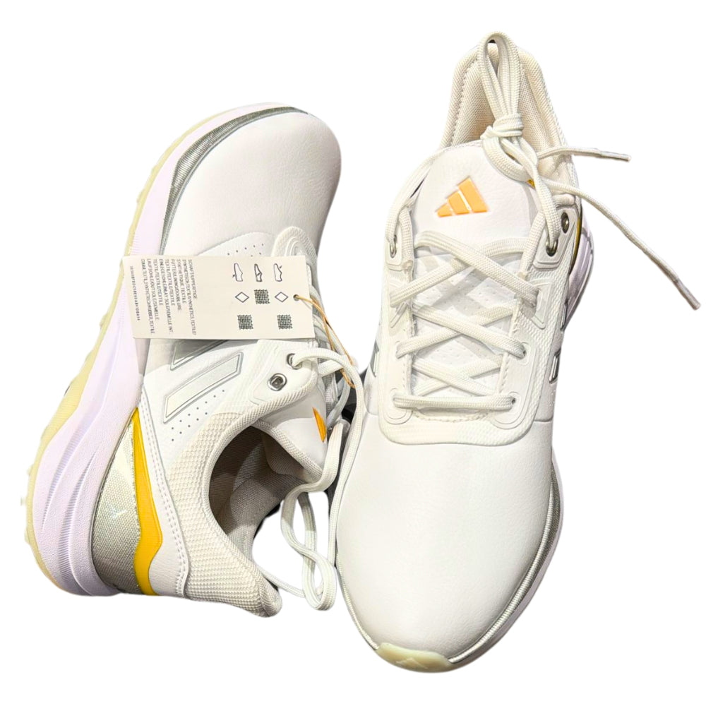 Side and upper view of Adidas Cricket/Golf Light-strike shoes, showing the sleek multi-layered waterproof knit upper, eco-friendly materials, and lightweight Light strike midsole for all-day comfort.