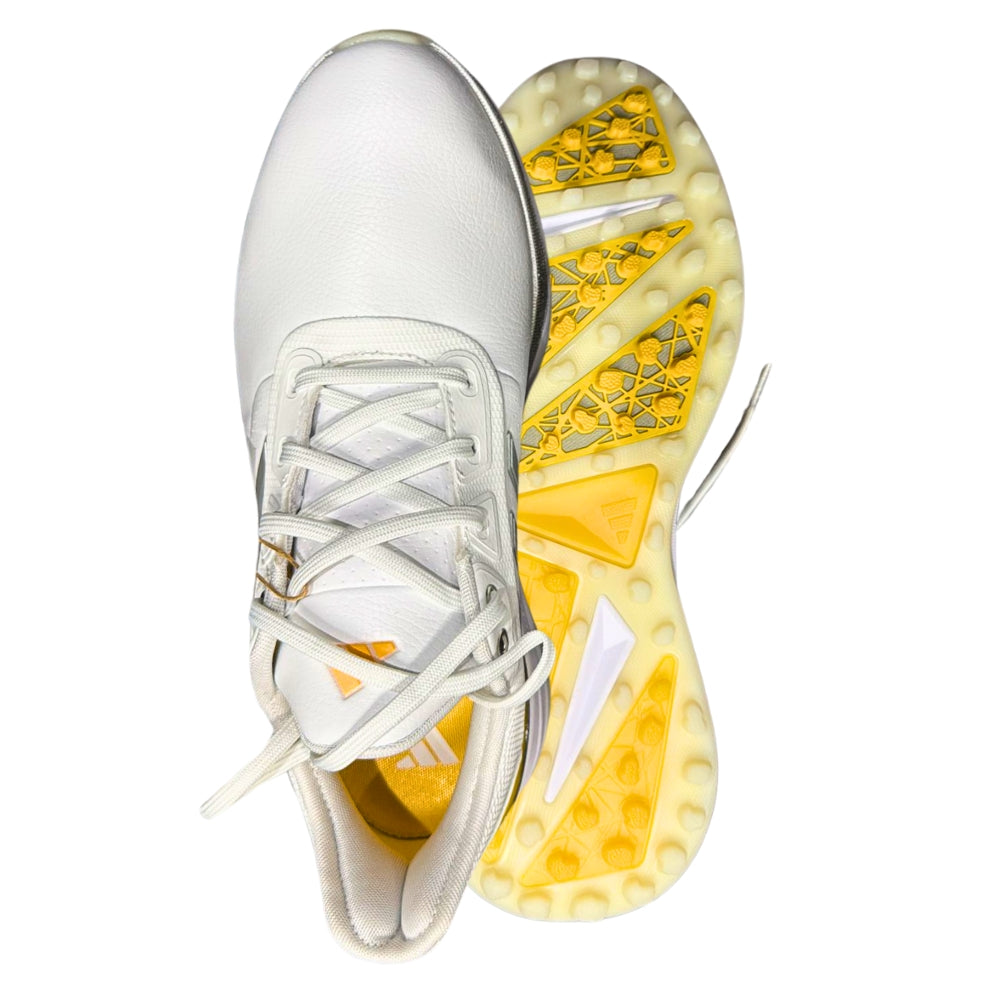 Upper and lower view of the Adidas Cricket/Golf Light-strike shoes, showcasing the multi-layered waterproof knit upper, responsive Light strike midsole, and durable twist grip outsole for superior traction.