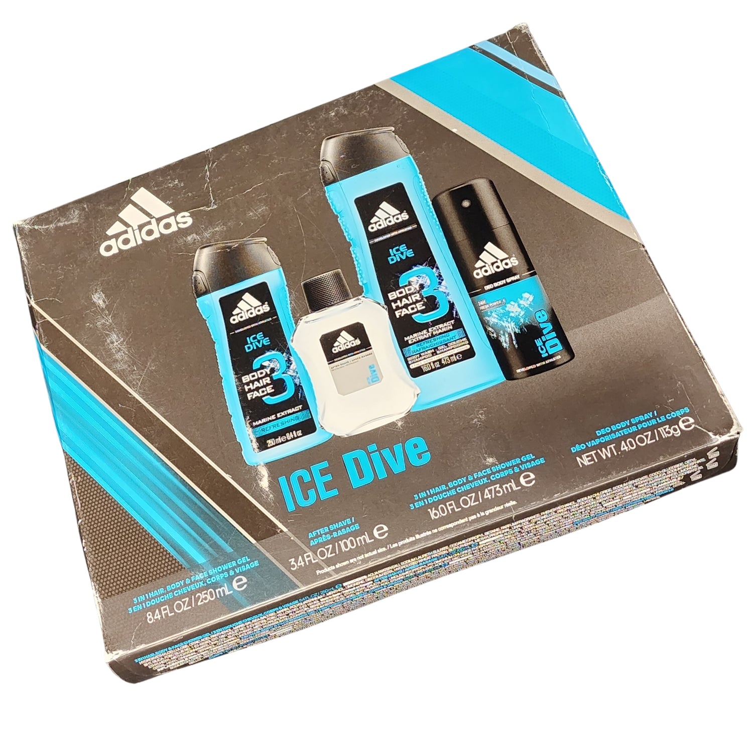 Angled front view of the Adidas Refresh Kit carton in blue, showcasing the vibrant color, premium Adidas branding, and stylish design for active and energetic lifestyles.