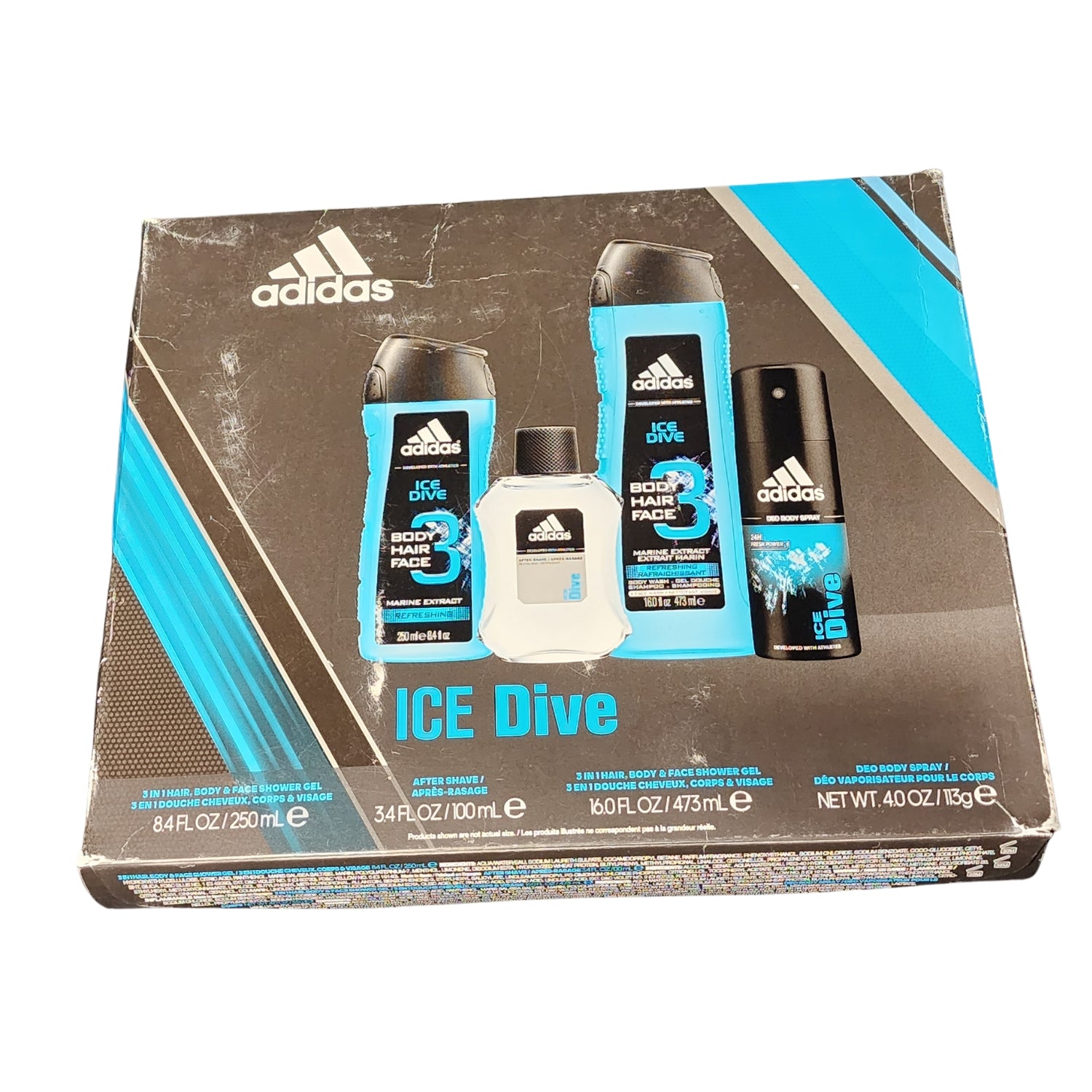 Front view of the Adidas Refresh Kit carton in blue, featuring sleek branding, bold Adidas logo, and dynamic packaging design, tailored for modern athletes seeking freshness and style.