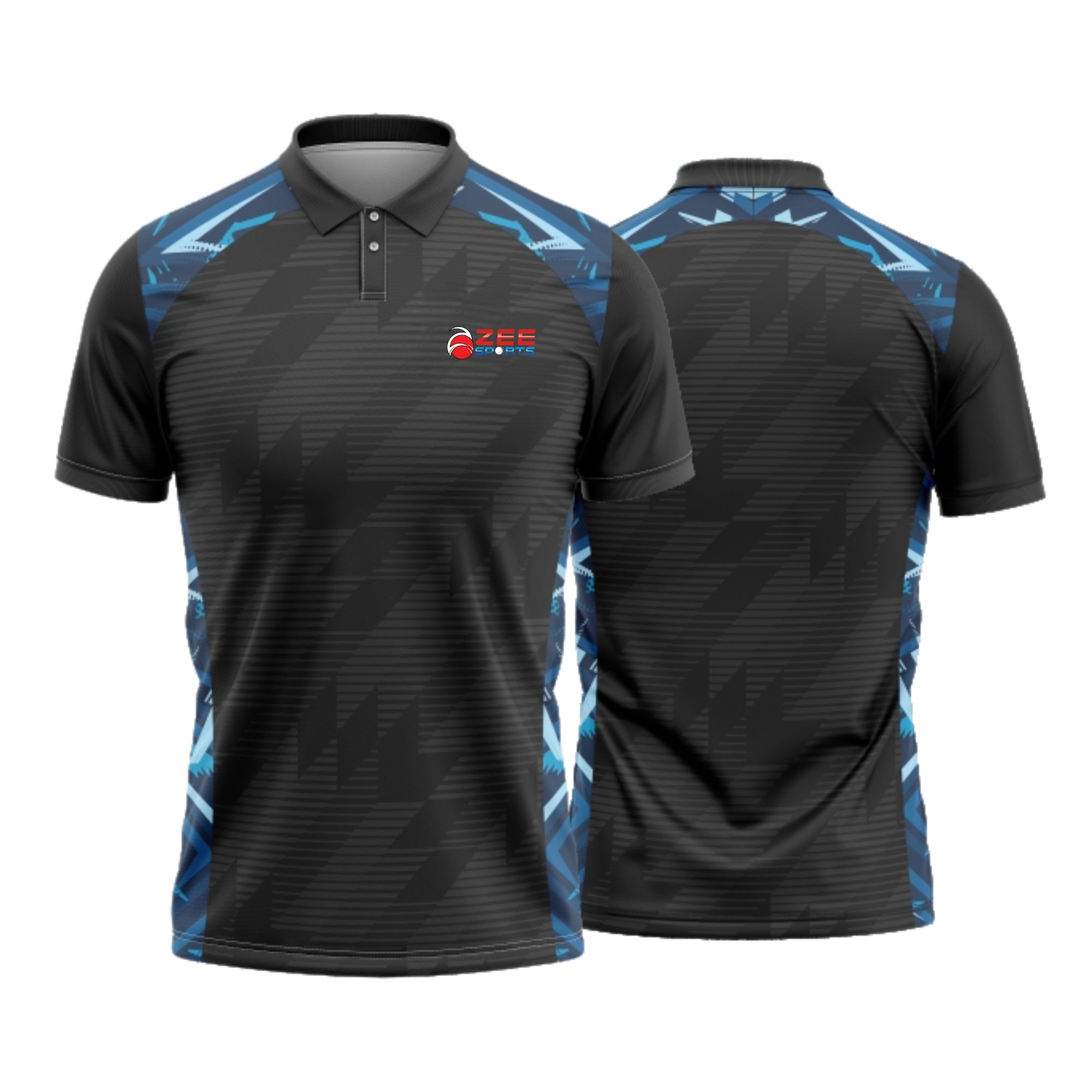 Black and blue polo shirt with a logo on a white background