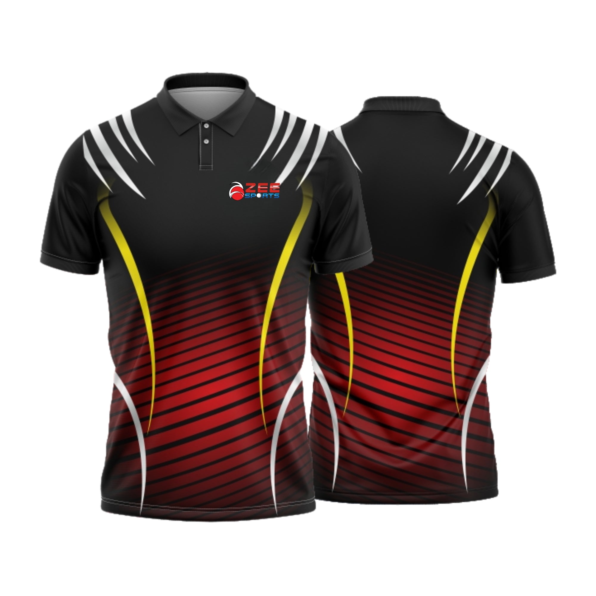 Black sports jersey with red and yellow design on a white background