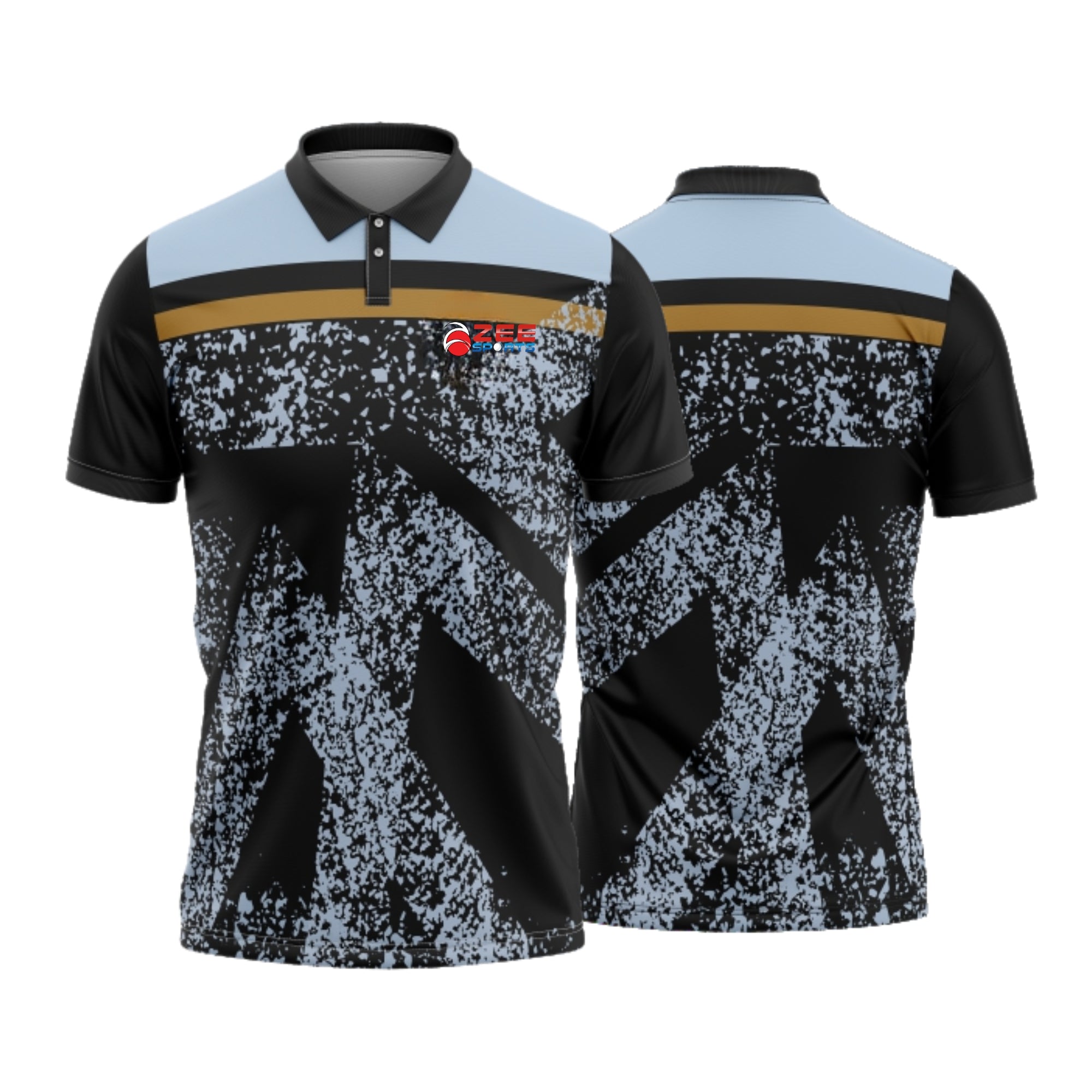 Black and gray patterned polo shirt with zeesports brand logo on a white background