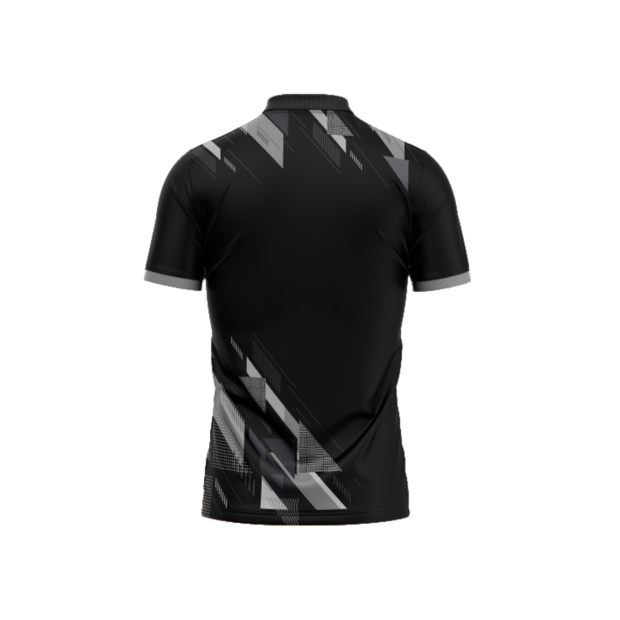 Black sports jersey with gray geometric patterns on a white background