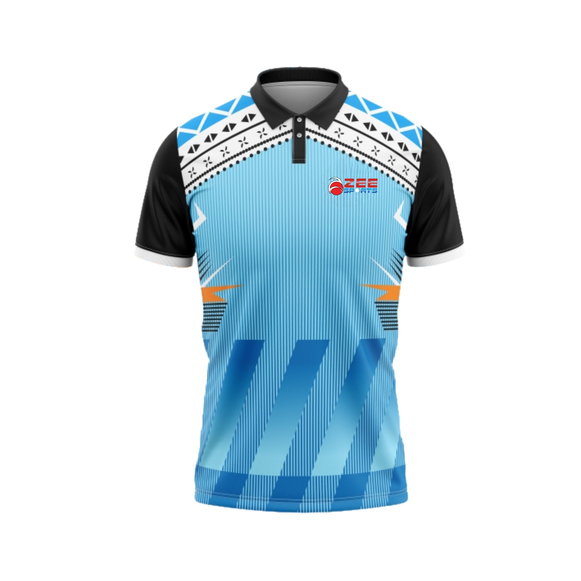 Blue and black sports jersey with geometric patterns on a white background