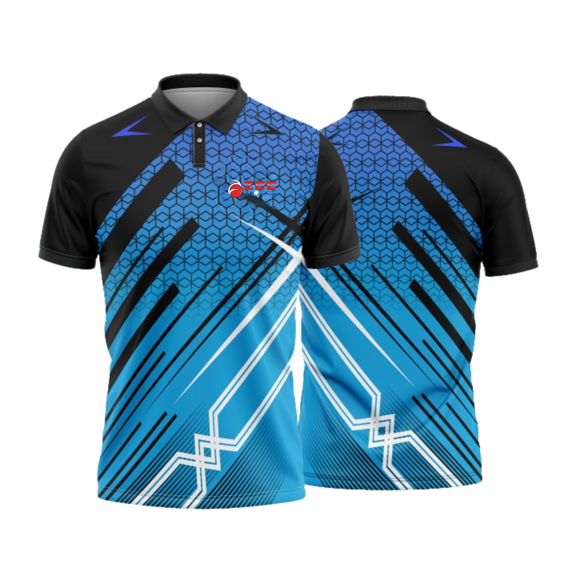 Blue and black sports jersey with geometric design on a white background