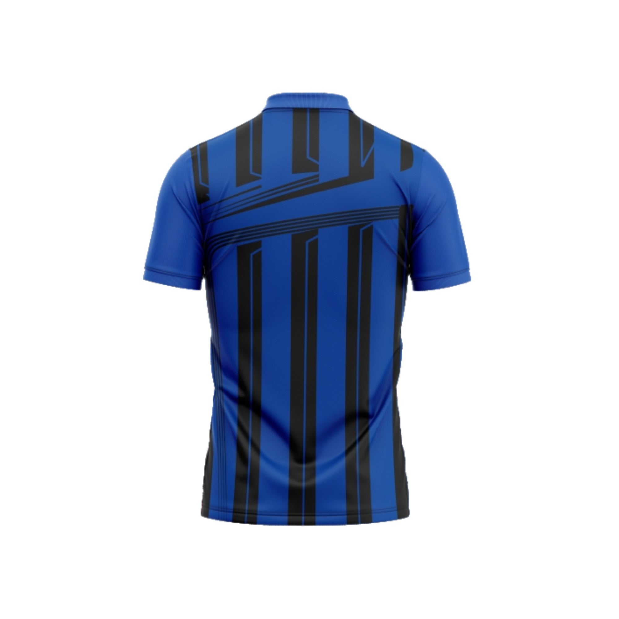 Blue and black striped polo shirt on a white background