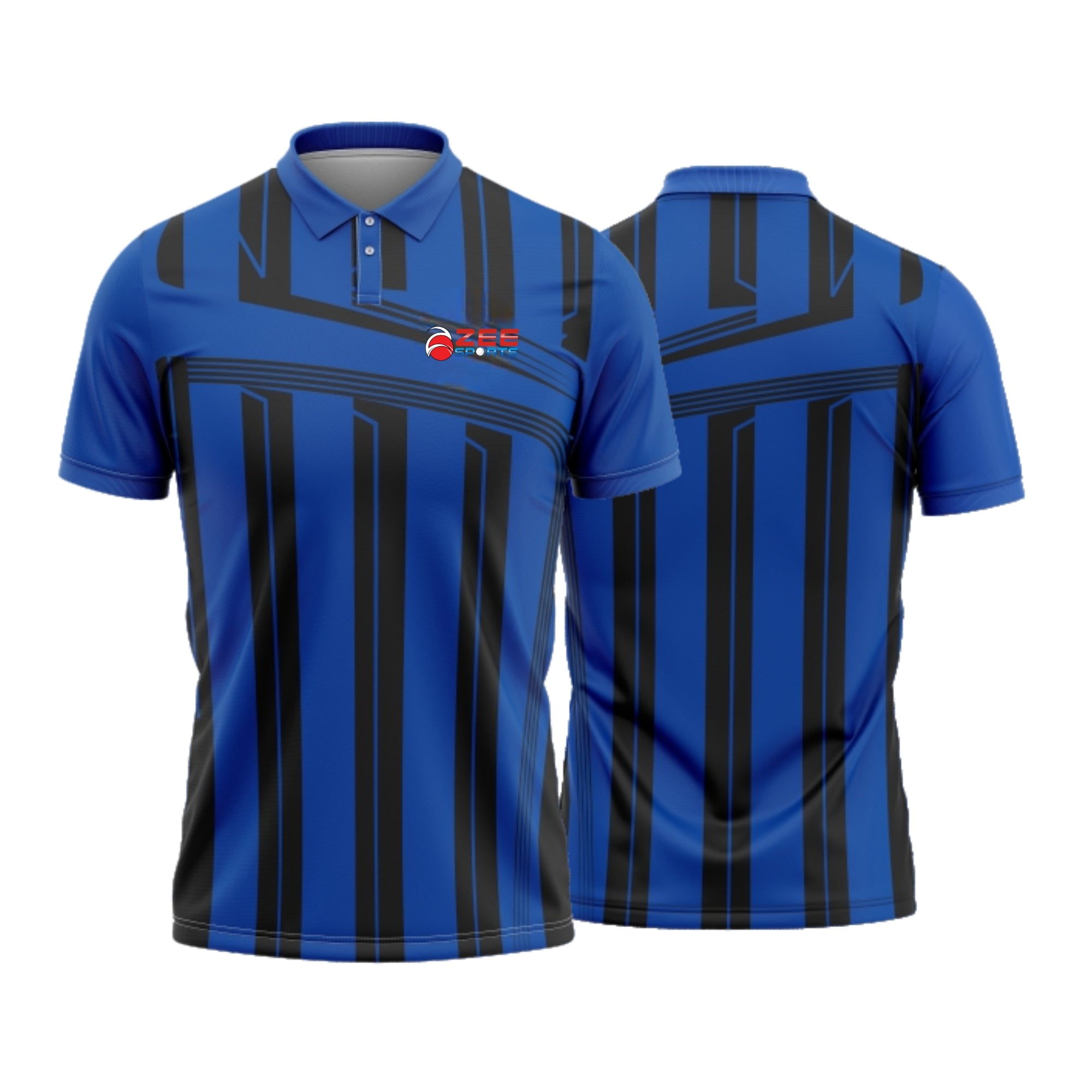 Blue and black striped polo shirt with a logo on a white background